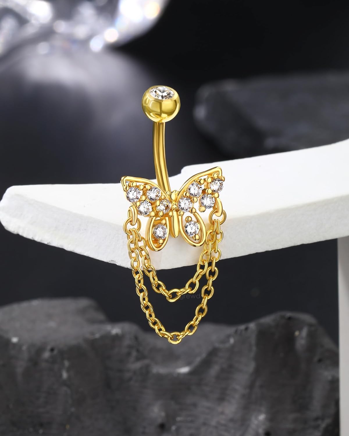 Dangle Belly Button Rings - 14G Gold Butterfly Navel Rings for Women - Stainless Steel Piercing Jewelry - 我的商店我的商店我的商店