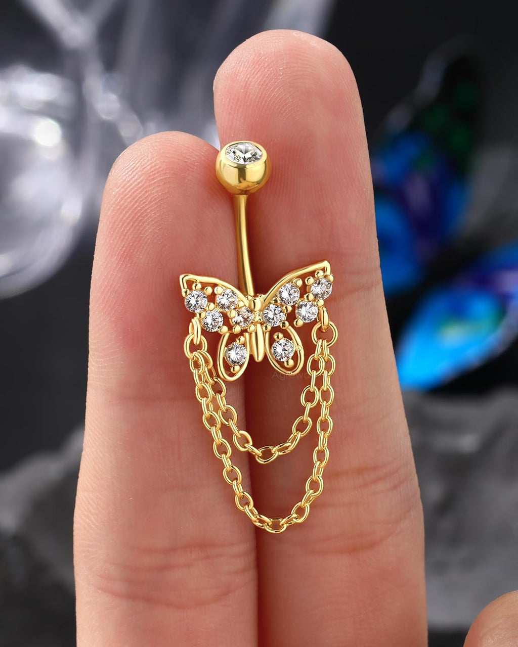 Dangle Belly Button Rings - 14G Gold Butterfly Navel Rings for Women - Stainless Steel Piercing Jewelry - 我的商店我的商店我的商店