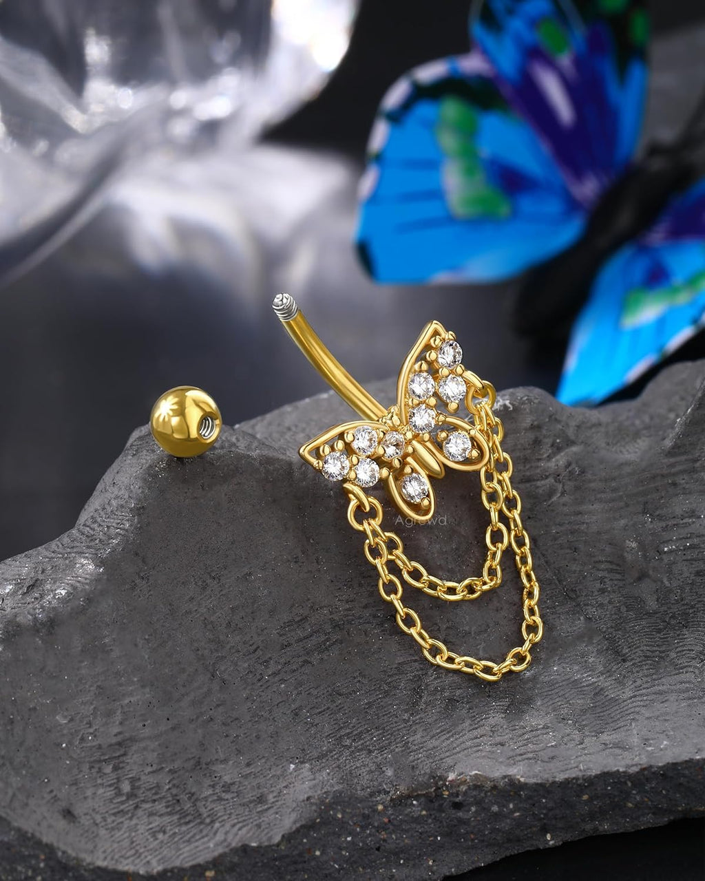 Dangle Belly Button Rings - 14G Gold Butterfly Navel Rings for Women - Stainless Steel Piercing Jewelry - 我的商店我的商店我的商店