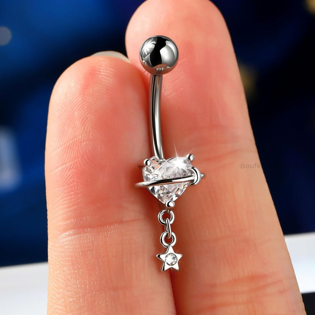 Dangle Belly Button Rings, 316L Surgical Steel Belly Rings for Women, 14G Heart Navel Piercing Jewelry, Star Dangling Clear CZ Curved Barbells Silver/Gold 10MM - 我的商店我的商店我的商店