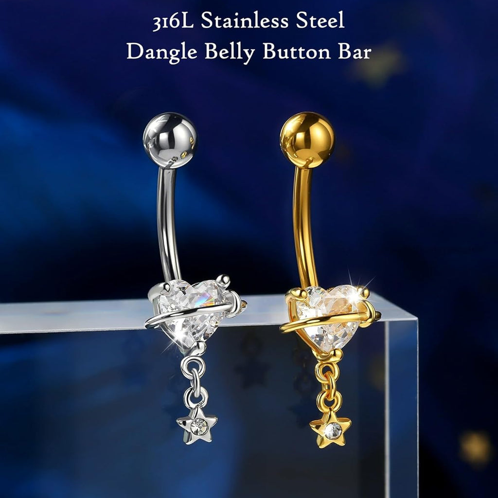 Dangle Belly Button Rings, 316L Surgical Steel Belly Rings for Women, 14G Heart Navel Piercing Jewelry, Star Dangling Clear CZ Curved Barbells Silver/Gold 10MM - 我的商店我的商店我的商店