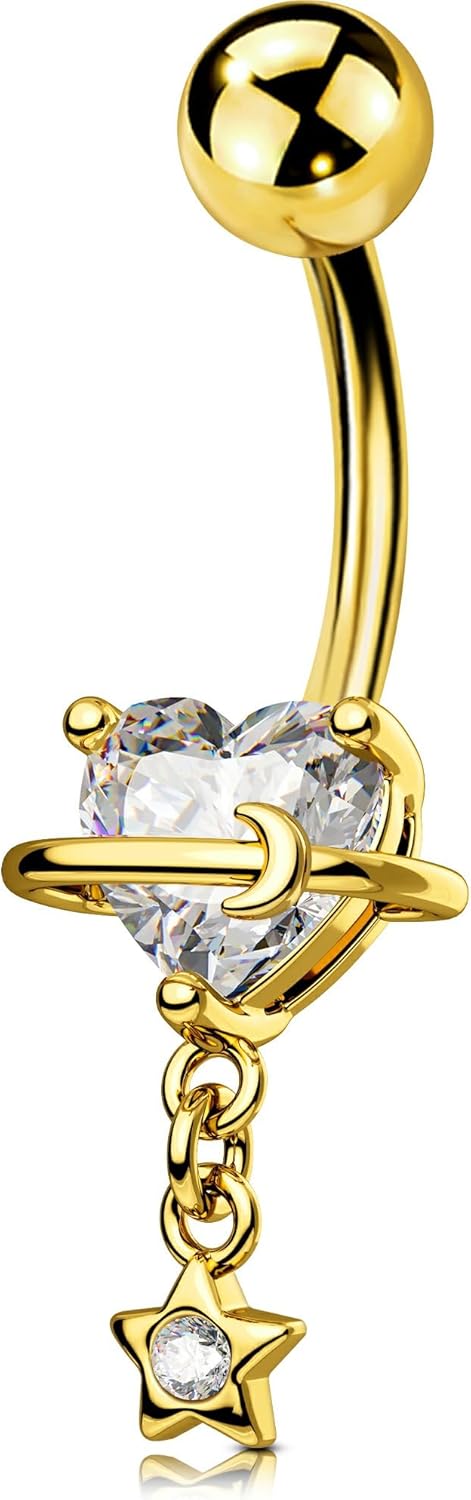 Dangle Belly Button Rings, 316L Surgical Steel Belly Rings for Women, 14G Heart Navel Piercing Jewelry, Star Dangling Clear CZ Curved Barbells Silver/Gold 10MM - 我的商店我的商店我的商店