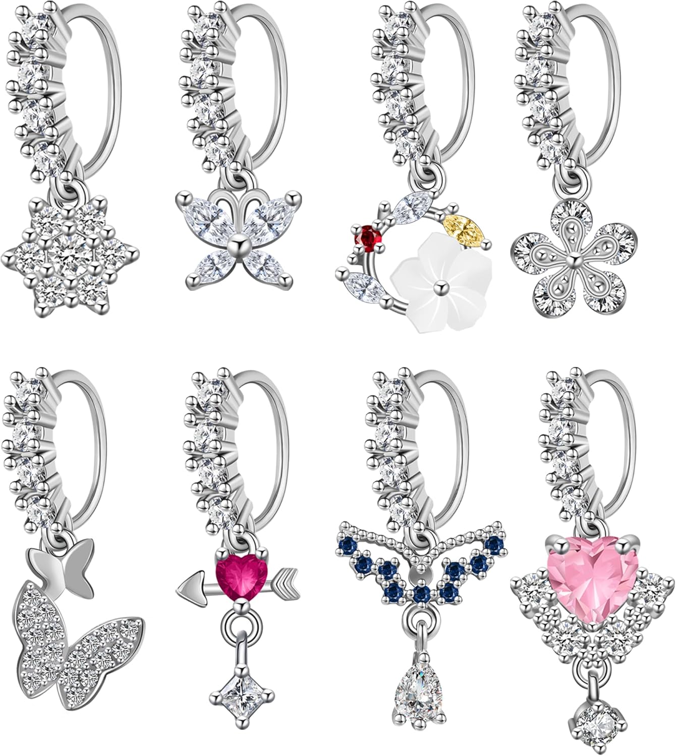 Dangle Nose Rings Hoop for Women Septum Nose Piercing Jewelry Cartilage Earring CZ Flower Leaf Star Butterfly Daith Tragus Helix Lip Piercing, Silver Gold Rose Gold - QIAO CrystalQIAO CrystalQIAO Crystal