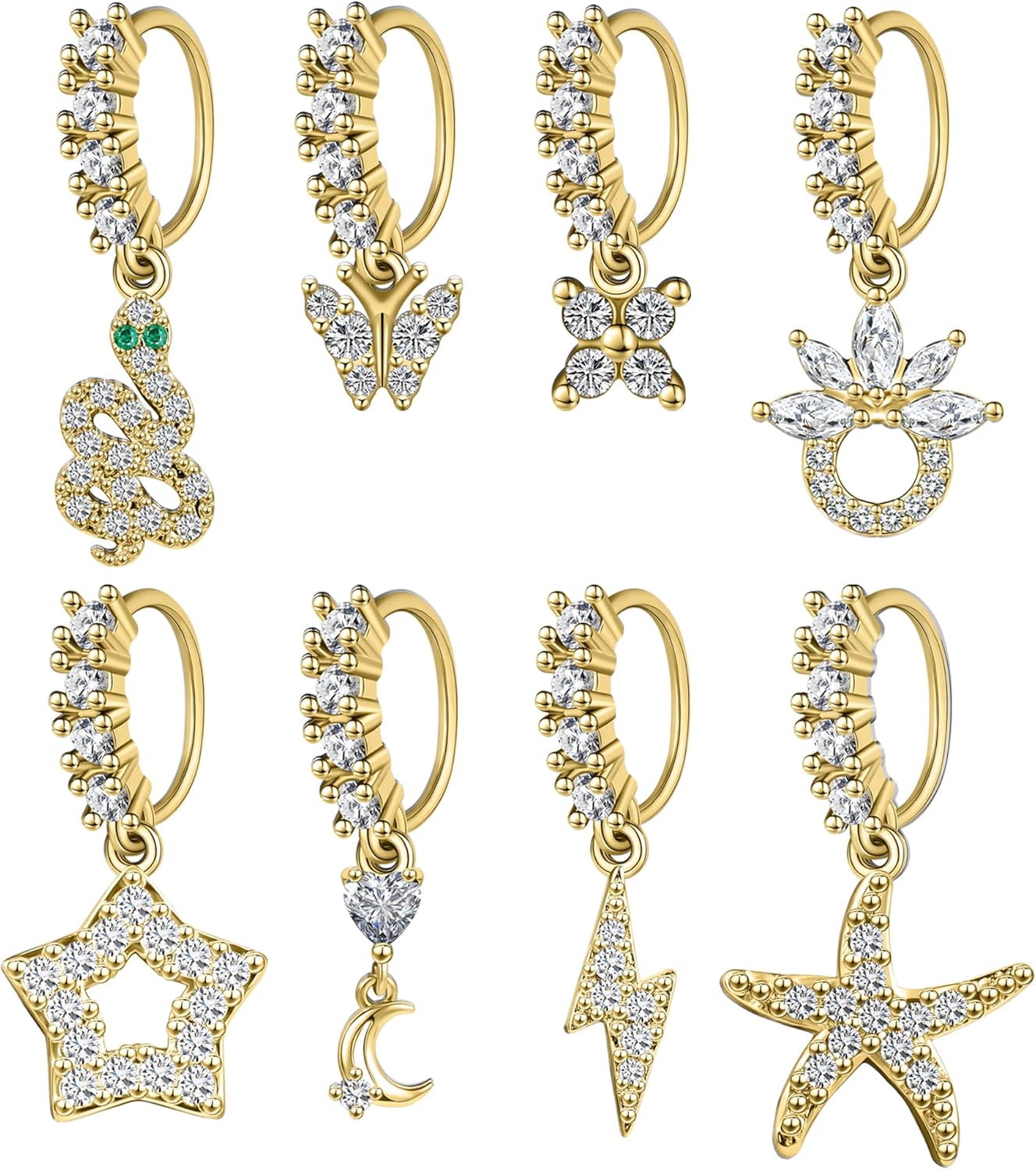 Dangle Nose Rings Hoop for Women Septum Nose Piercing Jewelry Cartilage Earring CZ Flower Leaf Star Butterfly Daith Tragus Helix Lip Piercing, Silver Gold Rose Gold - QIAO CrystalQIAO CrystalQIAO Crystal