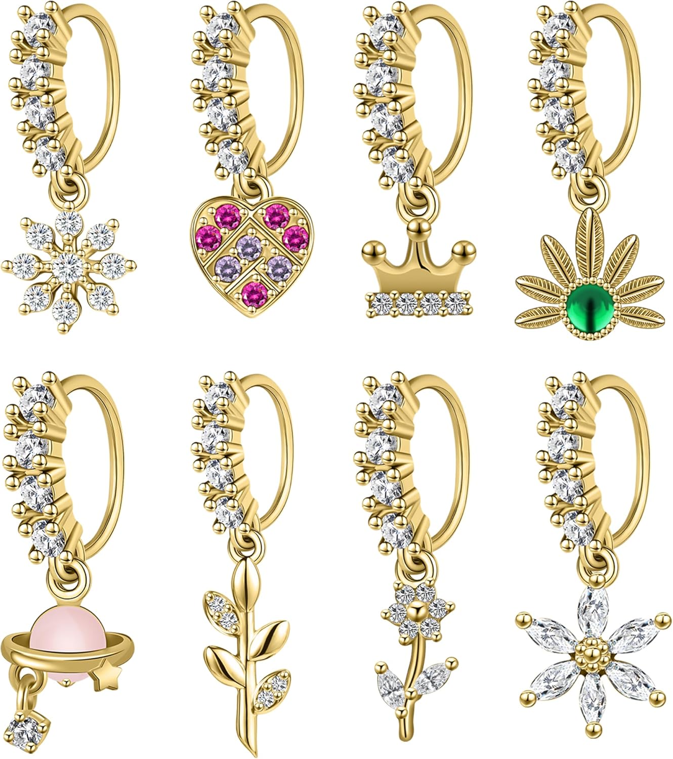 Dangle Nose Rings Hoop for Women Septum Nose Piercing Jewelry Cartilage Earring CZ Flower Leaf Star Butterfly Daith Tragus Helix Lip Piercing, Silver Gold Rose Gold - QIAO CrystalQIAO CrystalQIAO Crystal