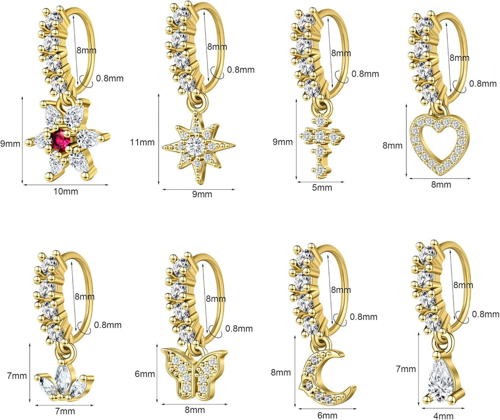 Dangle Nose Rings Hoop for Women Septum Nose Piercing Jewelry Cartilage Earring CZ Flower Leaf Star Butterfly Daith Tragus Helix Lip Piercing, Silver Gold Rose Gold - QIAO CrystalQIAO CrystalQIAO Crystal
