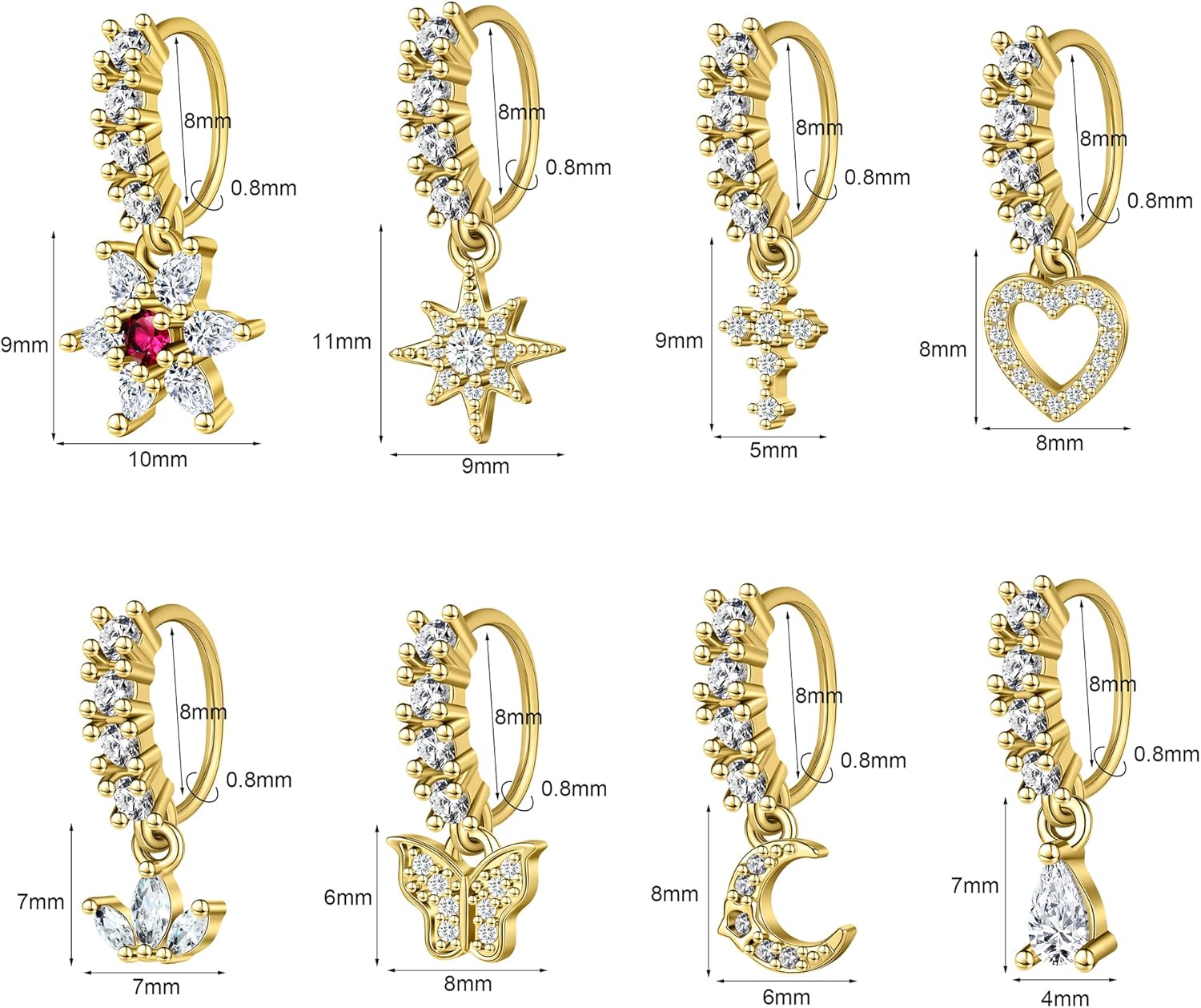 Dangle Nose Rings Hoop for Women Septum Nose Piercing Jewelry Cartilage Earring CZ Flower Leaf Star Butterfly Daith Tragus Helix Lip Piercing, Silver Gold Rose Gold - QIAO CrystalQIAO CrystalQIAO Crystal