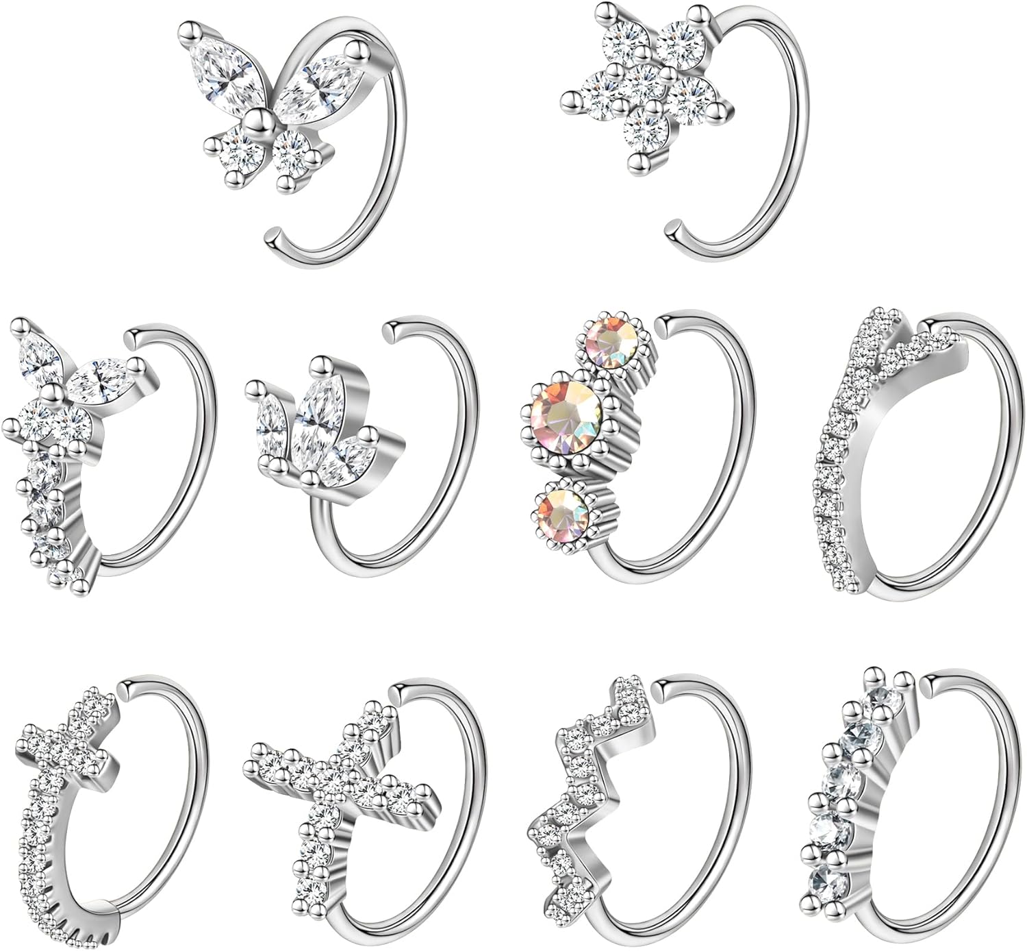 Dangle Nose Rings Hoop for Women Septum Nose Piercing Jewelry Cartilage Earring CZ Flower Leaf Star Butterfly Daith Tragus Helix Lip Piercing, Silver Gold Rose Gold - QIAO CrystalQIAO CrystalQIAO Crystal