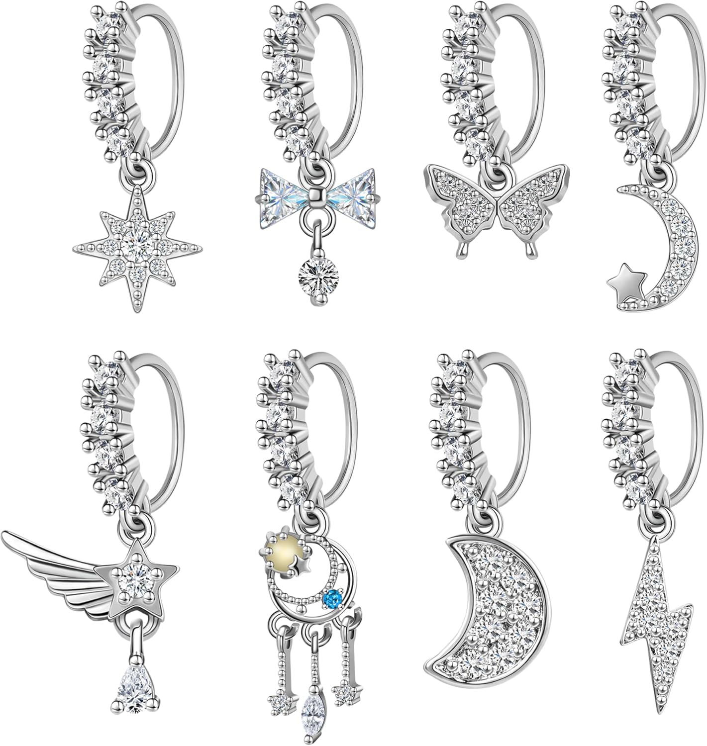 Dangle Nose Rings Hoop for Women Septum Nose Piercing Jewelry Cartilage Earring CZ Flower Leaf Star Butterfly Daith Tragus Helix Lip Piercing, Silver Gold Rose Gold - QIAO CrystalQIAO CrystalQIAO Crystal