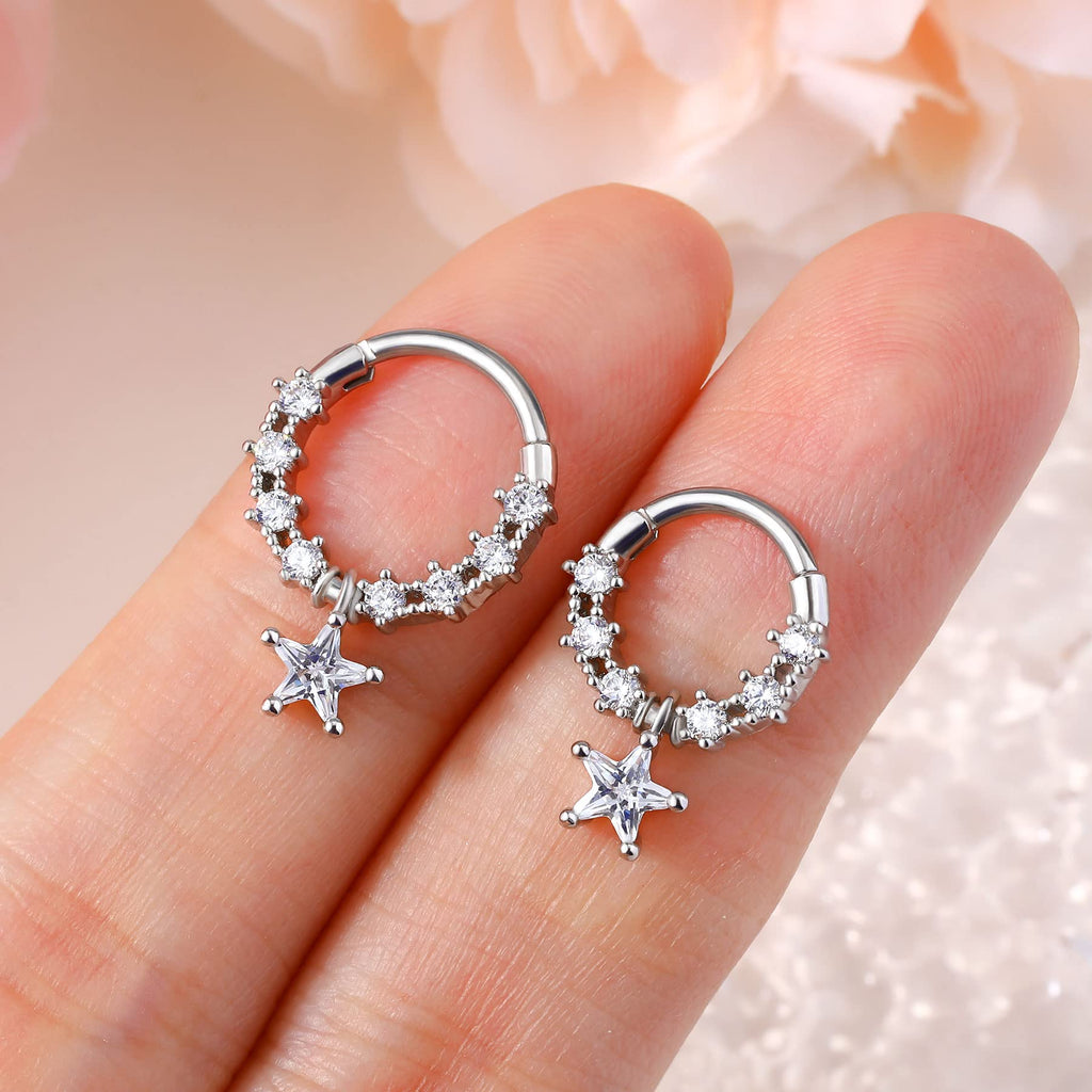 Dangle Septum Rings 16G Star Septum Jewelry Clear CZ Stainless Steel 316L Daith Piercing Jewelry for Women Helix Earring - QIAO Crystal我的商店QIAO Crystal