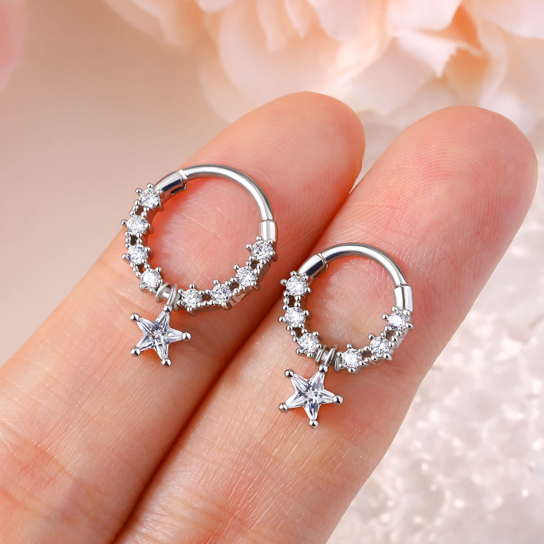 Dangle Septum Rings 16G Star Septum Jewelry Clear CZ Stainless Steel 316L Daith Piercing Jewelry for Women Helix Earring - QIAO Crystal我的商店QIAO Crystal