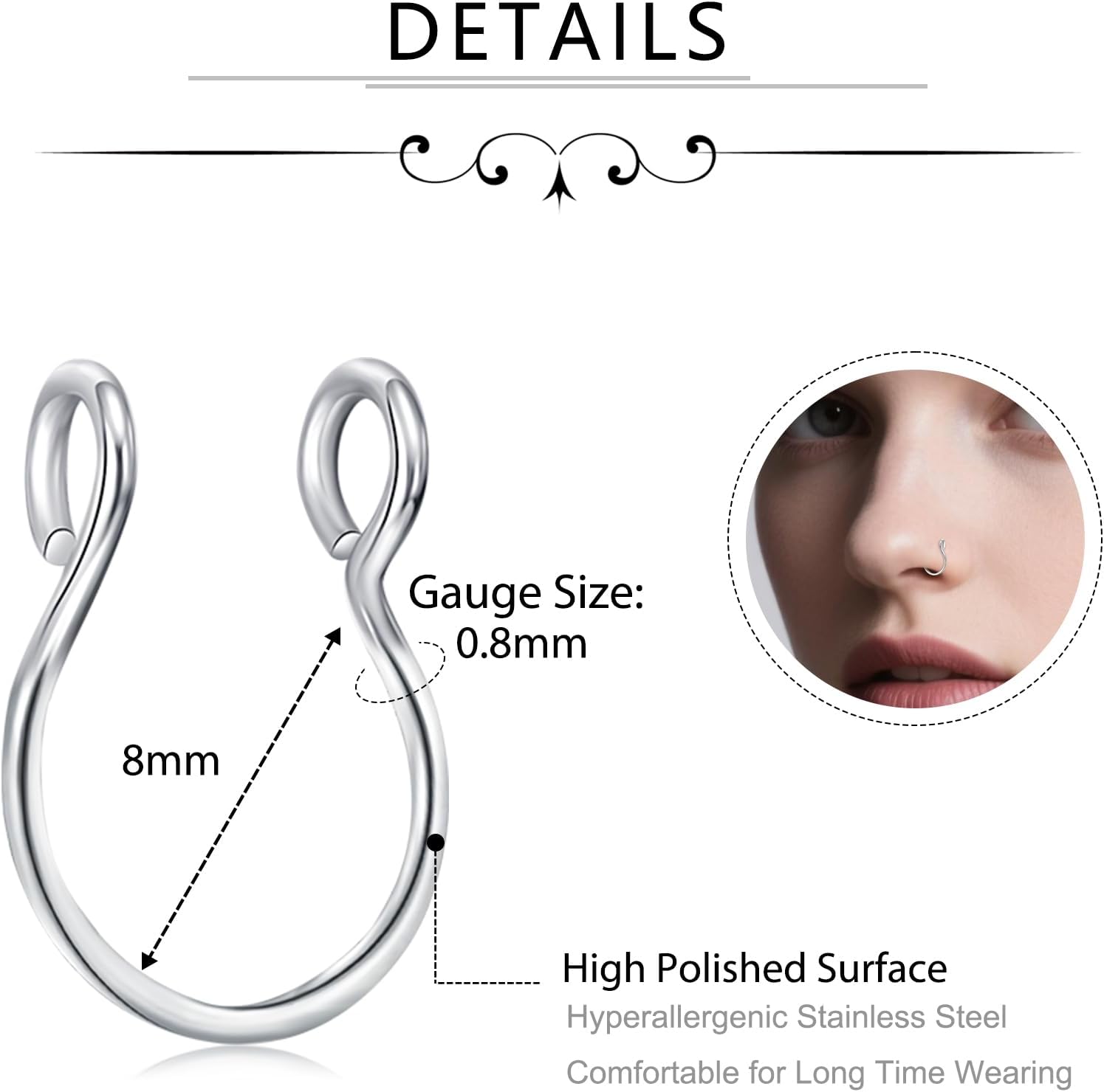 D.Bella Fake Septum Hoop 20G Faux Nose Piercing Hoop Clip on Nose Rings Non Piercing Fake Septum Lip Ear Ring Faux Body Piercing Jewelry for Women Men - QIAO CrystalQIAO CrystalQIAO Crystal