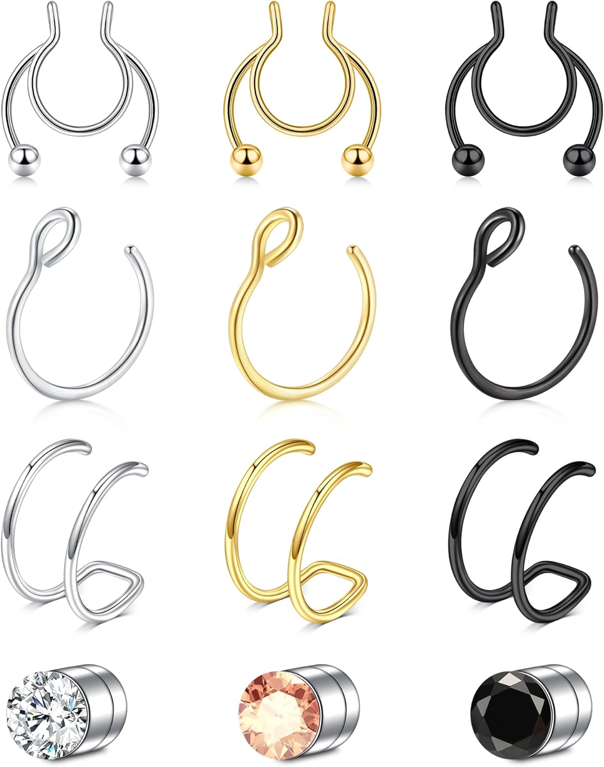 D.Bella Fake Septum Hoop 20G Faux Nose Piercing Hoop Clip on Nose Rings Non Piercing Fake Septum Lip Ear Ring Faux Body Piercing Jewelry for Women Men - QIAO CrystalQIAO CrystalQIAO Crystal