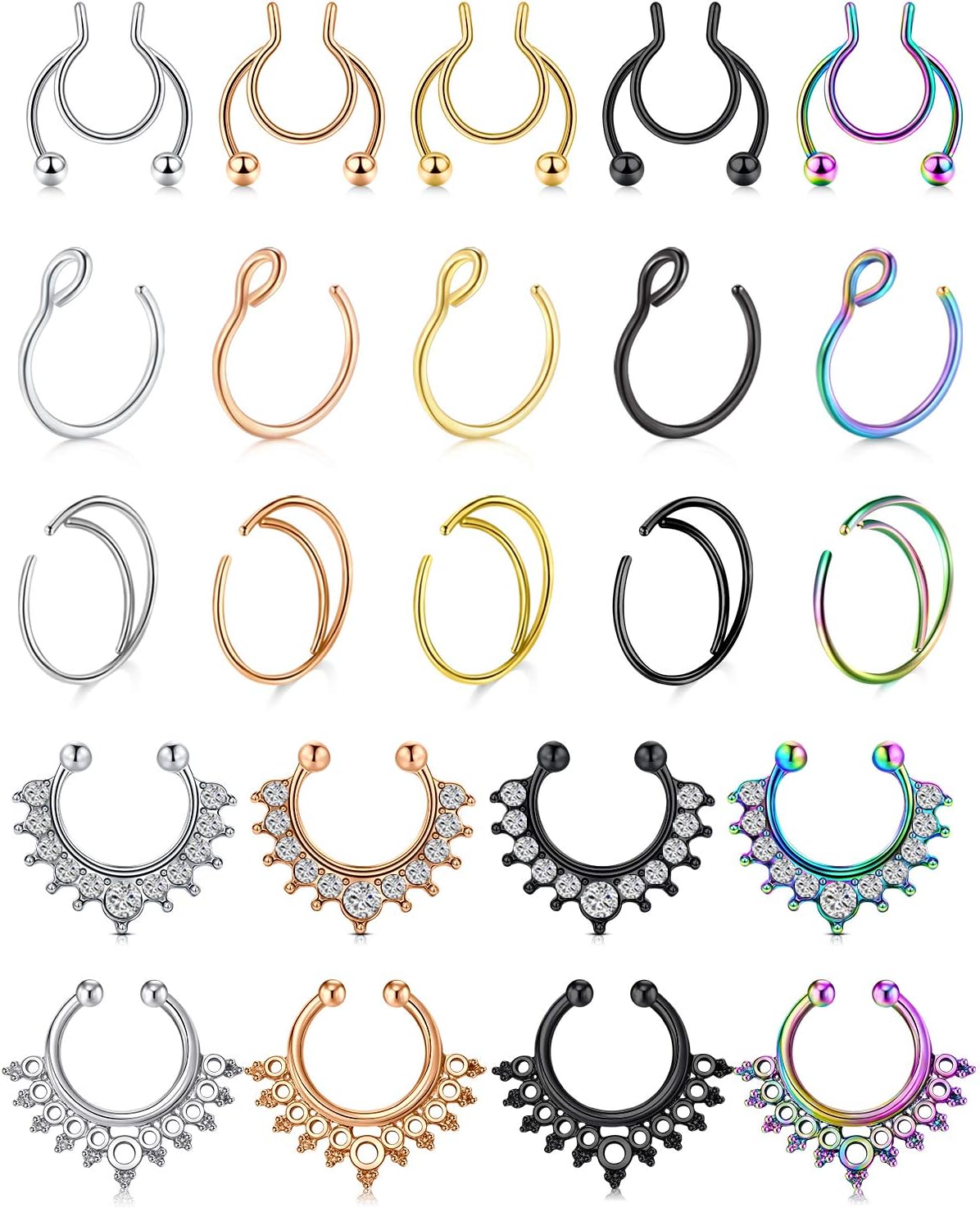 D.Bella Fake Septum Hoop 20G Faux Nose Piercing Hoop Clip on Nose Rings Non Piercing Fake Septum Lip Ear Ring Faux Body Piercing Jewelry for Women Men - QIAO CrystalQIAO CrystalQIAO Crystal