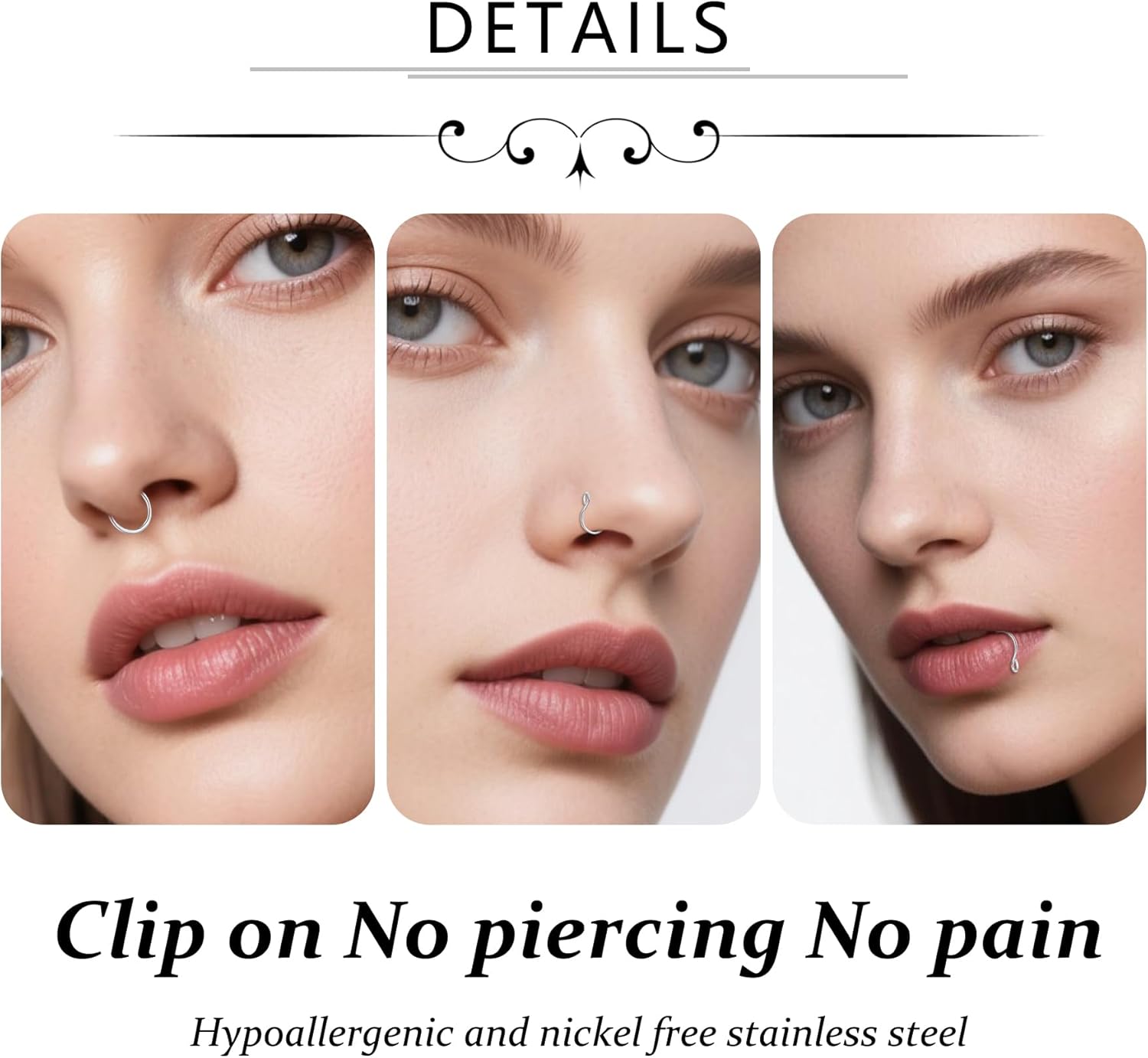 D.Bella Fake Septum Hoop 20G Faux Nose Piercing Hoop Clip on Nose Rings Non Piercing Fake Septum Lip Ear Ring Faux Body Piercing Jewelry for Women Men - QIAO CrystalQIAO CrystalQIAO Crystal
