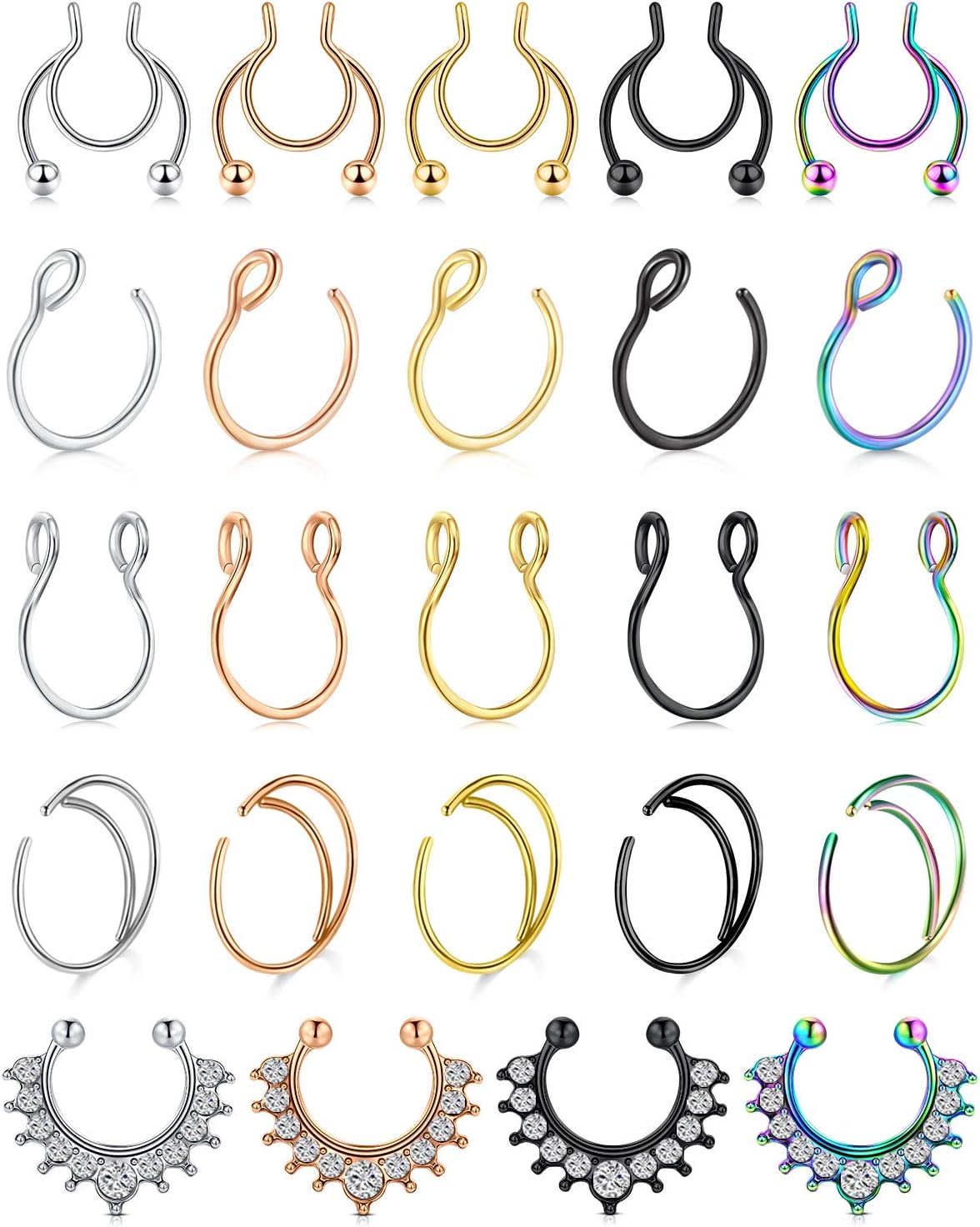 D.Bella Fake Septum Hoop 20G Faux Nose Piercing Hoop Clip on Nose Rings Non Piercing Fake Septum Lip Ear Ring Faux Body Piercing Jewelry for Women Men - QIAO CrystalQIAO CrystalQIAO Crystal