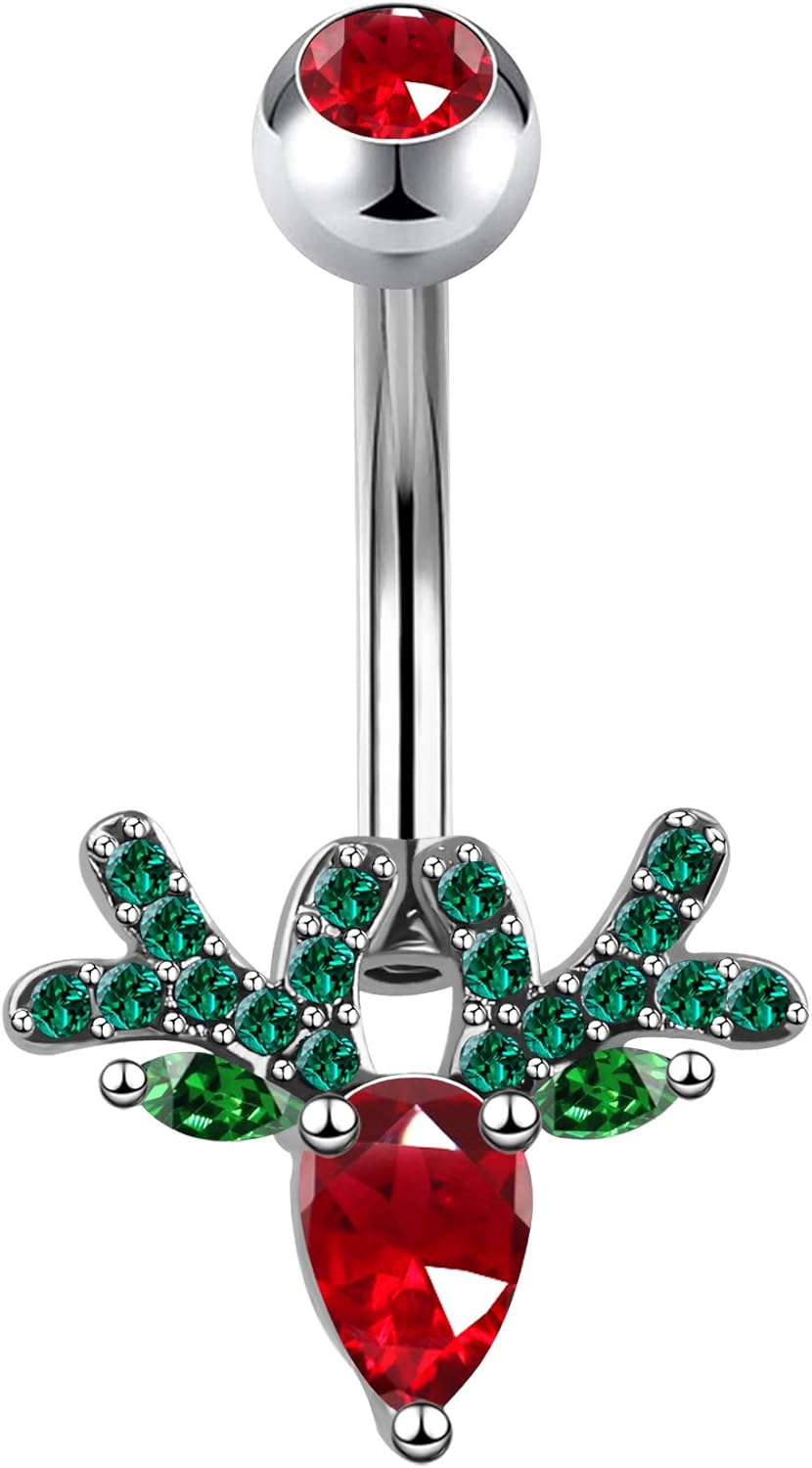 Deer Head Navel Piercing Jewelry Christmas Belly Button Ring 14G Surgical Steel Steel Curved Belly Rings Ring - 我的商店我的商店我的商店