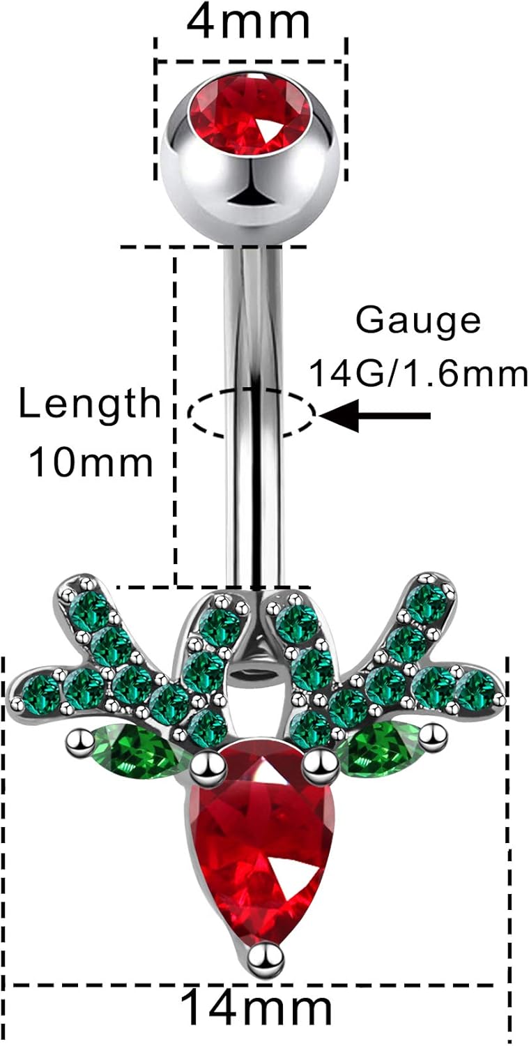 Deer Head Navel Piercing Jewelry Christmas Belly Button Ring 14G Surgical Steel Steel Curved Belly Rings Ring - 我的商店我的商店我的商店