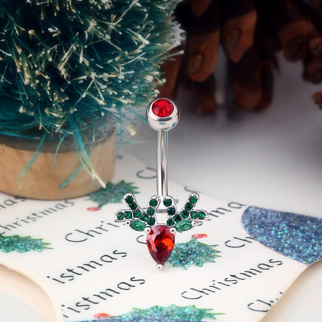 Deer Head Navel Piercing Jewelry Christmas Belly Button Ring 14G Surgical Steel Steel Curved Belly Rings Ring - 我的商店我的商店我的商店