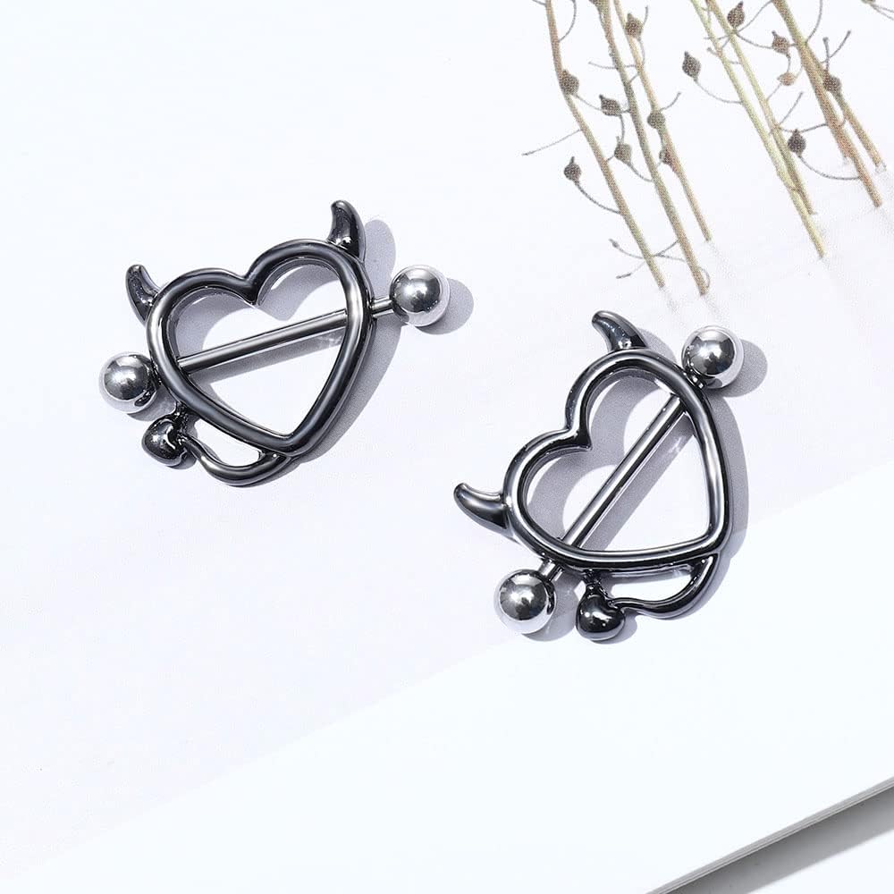 Devil Heart Nipple Rings - Surgical Steel Piercing Barbell Shield Cover Hoops - QIAO CrystalQIAO CrystalQIAO Crystal