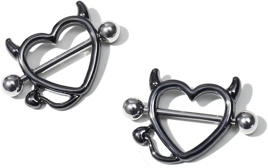Devil Heart Nipple Rings - Surgical Steel Piercing Barbell Shield Cover Hoops - QIAO CrystalQIAO CrystalQIAO Crystal