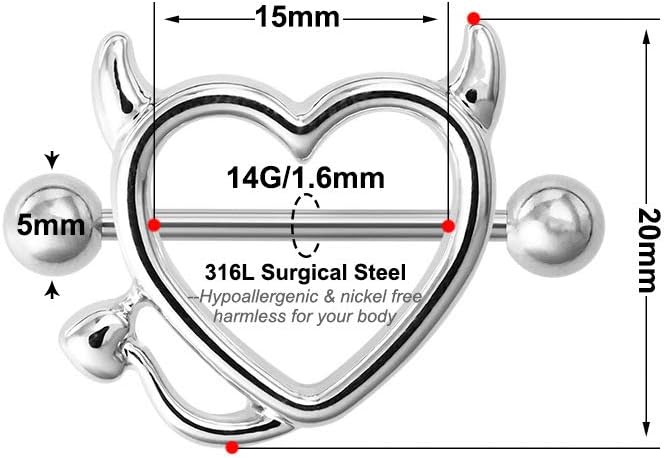 Devil Heart Nipple Rings - Surgical Steel Piercing Barbell Shield Cover Hoops - QIAO CrystalQIAO CrystalQIAO Crystal