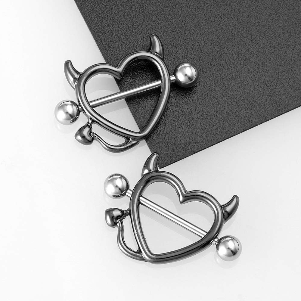 Devil Heart Nipple Rings - Surgical Steel Piercing Barbell Shield Cover Hoops - QIAO CrystalQIAO CrystalQIAO Crystal