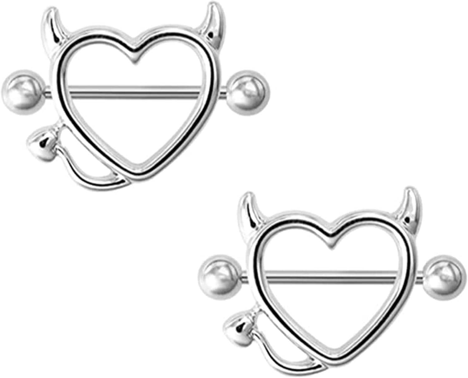 Devil Heart Nipple Rings - Surgical Steel Piercing Barbell Shield Cover Hoops - QIAO CrystalQIAO CrystalQIAO Crystal