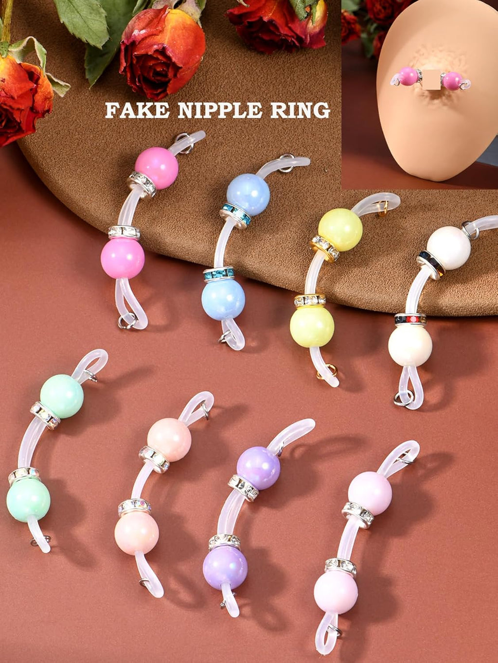 DJCIW 4 Pairs Handmade Fake Nipple Rings,Adjustable Nipple Nooses with 8mm Silicone Multicolor Beads and Barbells,Non - Piercing Faux Nipple Piercing Comfortable Everyday Wear Cute Body Jewelry - QIAO CrystalQIAO CrystalQIAO Crystal