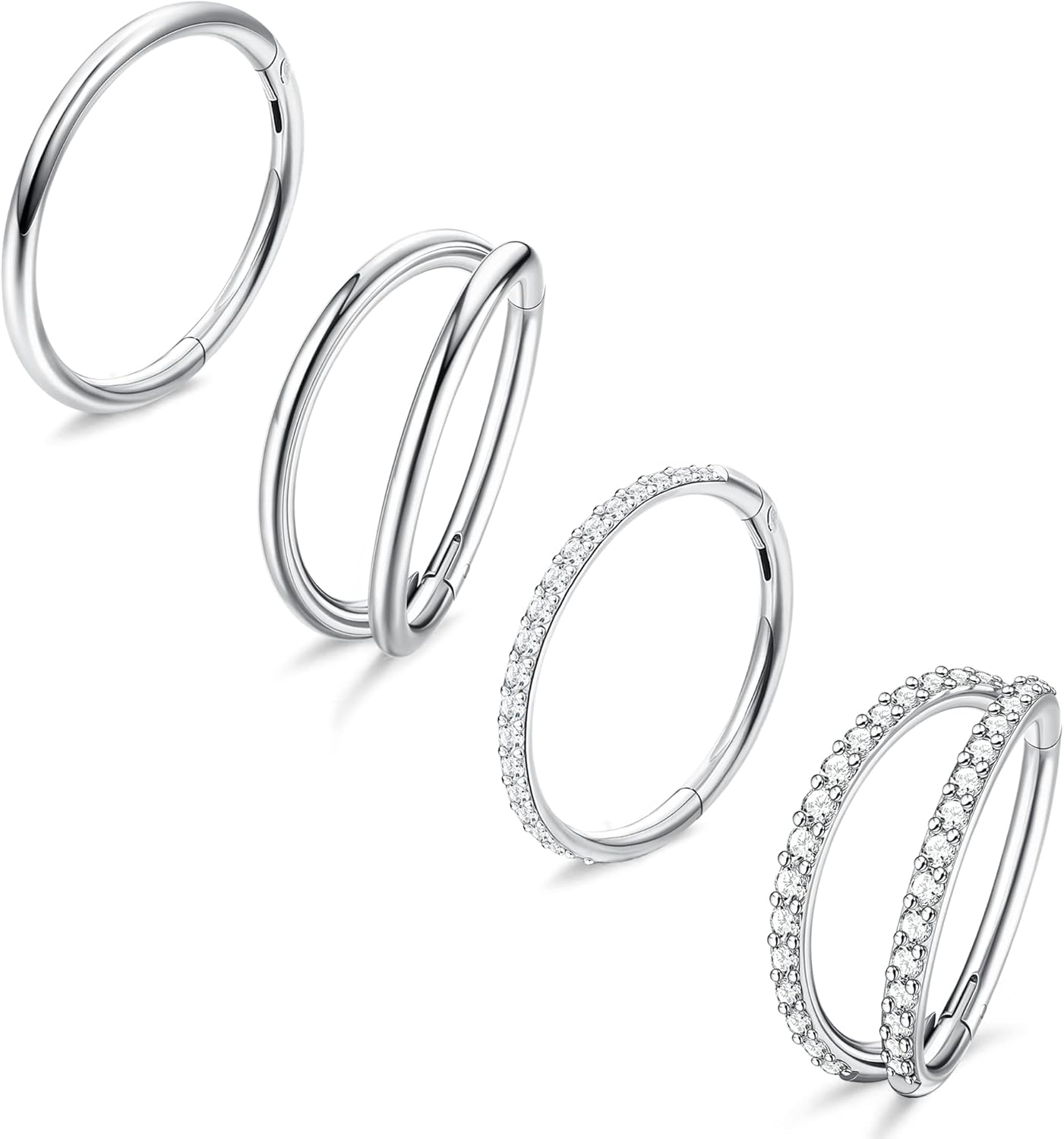 Dochais 4PCS 18G Nose Rings Hoops, Surgical Steel Earrings Tragus Septum Piercing CZ Clicker Ring, Hinged Segment Conch Lip Cartilage Double Hoops 8mm 10mm For Women Men - QIAO CrystalQIAO CrystalQIAO Crystal