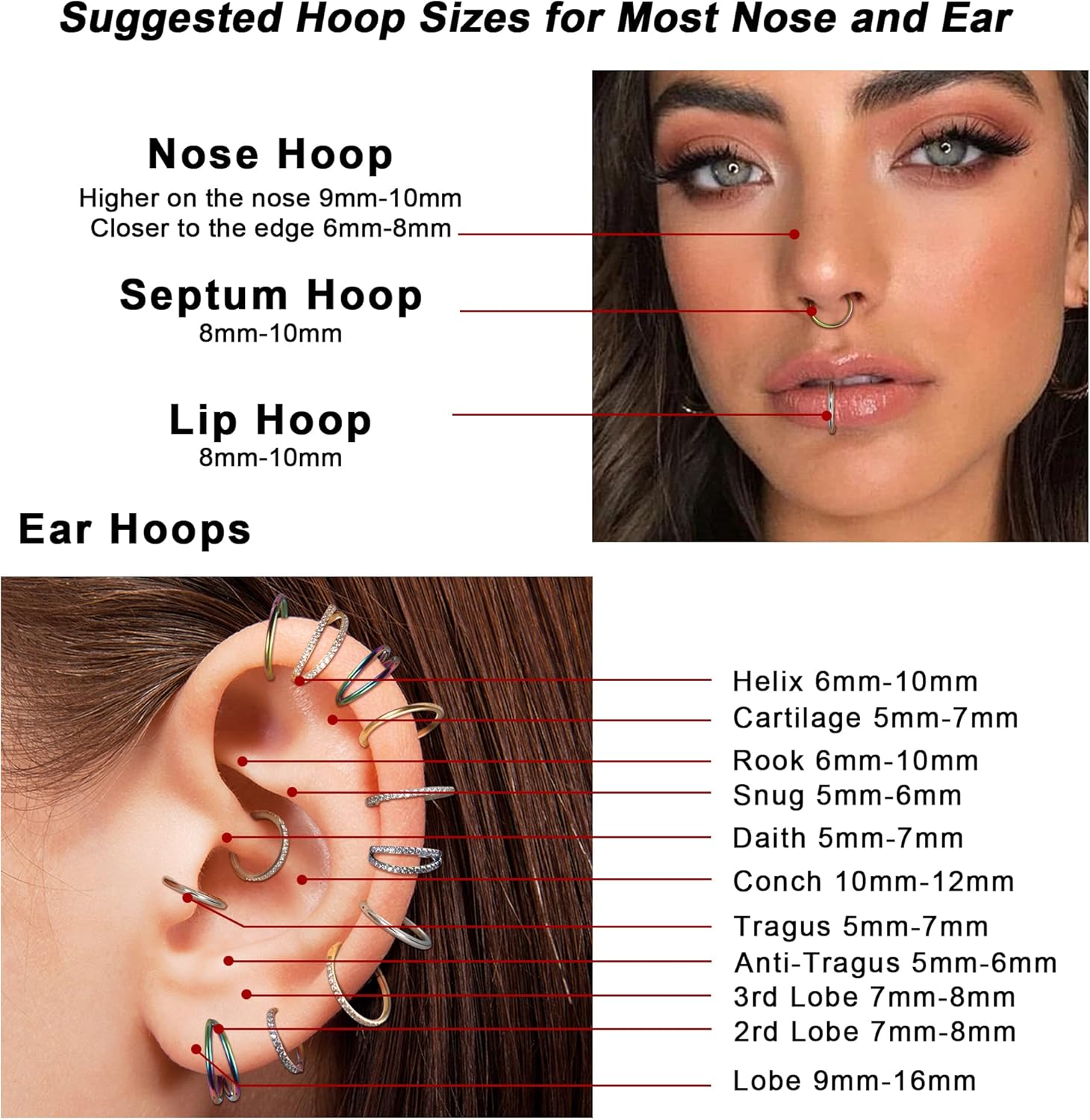 Dochais 4PCS 18G Nose Rings Hoops, Surgical Steel Earrings Tragus Septum Piercing CZ Clicker Ring, Hinged Segment Conch Lip Cartilage Double Hoops 8mm 10mm For Women Men - QIAO CrystalQIAO CrystalQIAO Crystal