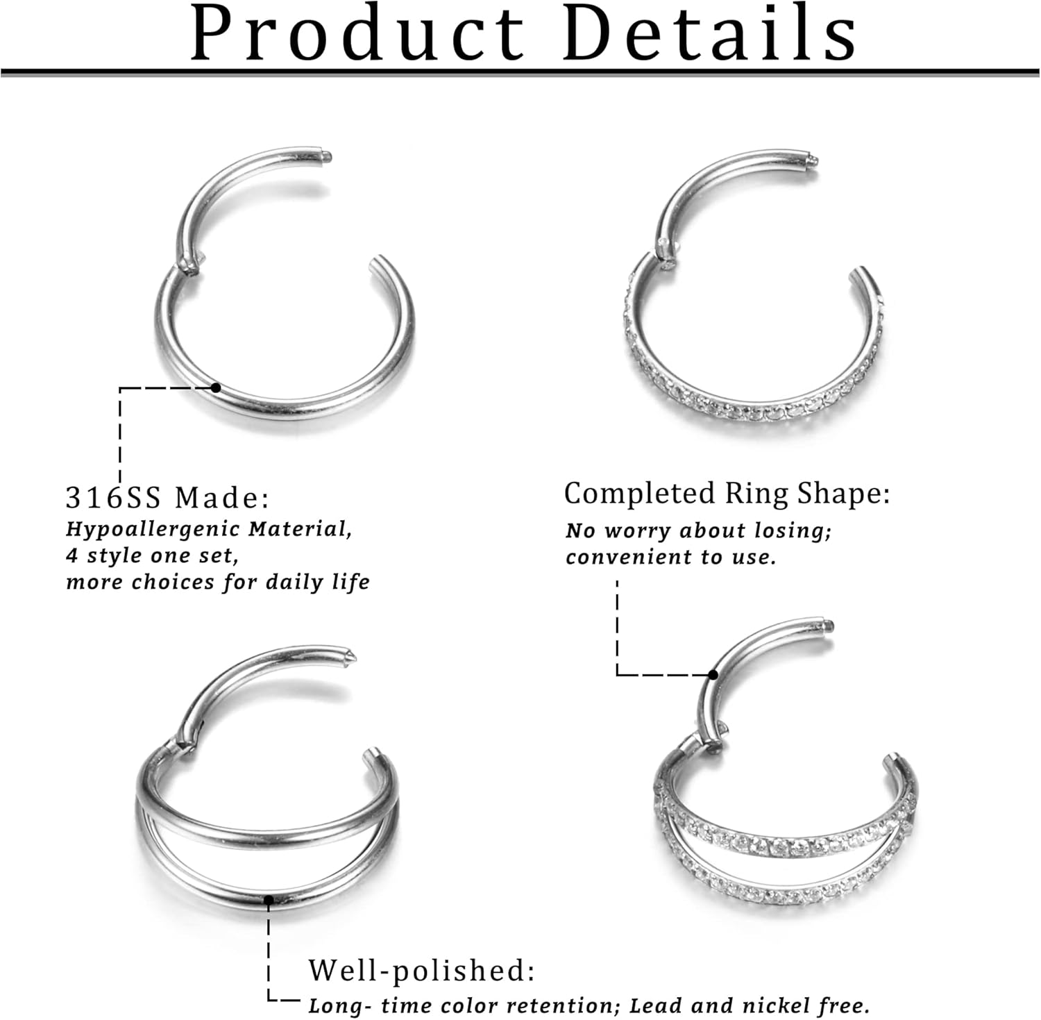Dochais 4PCS 18G Nose Rings Hoops, Surgical Steel Earrings Tragus Septum Piercing CZ Clicker Ring, Hinged Segment Conch Lip Cartilage Double Hoops 8mm 10mm For Women Men - QIAO CrystalQIAO CrystalQIAO Crystal