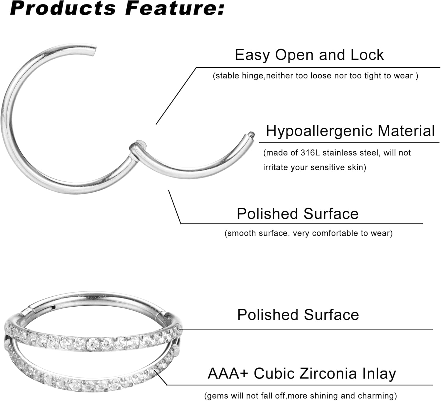 Dochais 4PCS 18G Nose Rings Hoops, Surgical Steel Earrings Tragus Septum Piercing CZ Clicker Ring, Hinged Segment Conch Lip Cartilage Double Hoops 8mm 10mm For Women Men - QIAO CrystalQIAO CrystalQIAO Crystal