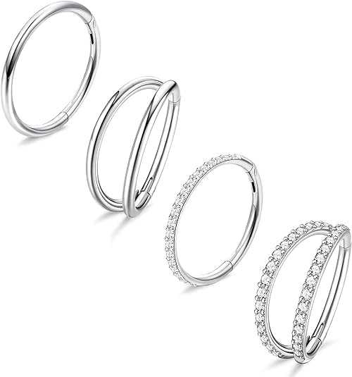 Dochais 4PCS 18G Nose Rings Hoops, Surgical Steel Earrings Tragus Septum Piercing CZ Clicker Ring, Hinged Segment Conch Lip Cartilage Double Hoops 8mm 10mm For Women Men - QIAO CrystalQIAO CrystalQIAO Crystal