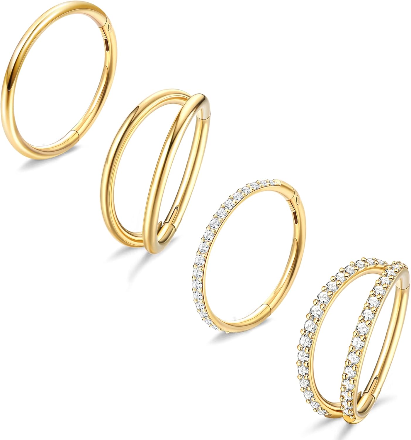 Dochais 4PCS 18G Nose Rings Hoops, Surgical Steel Earrings Tragus Septum Piercing CZ Clicker Ring, Hinged Segment Conch Lip Cartilage Double Hoops 8mm 10mm For Women Men - QIAO CrystalQIAO CrystalQIAO Crystal