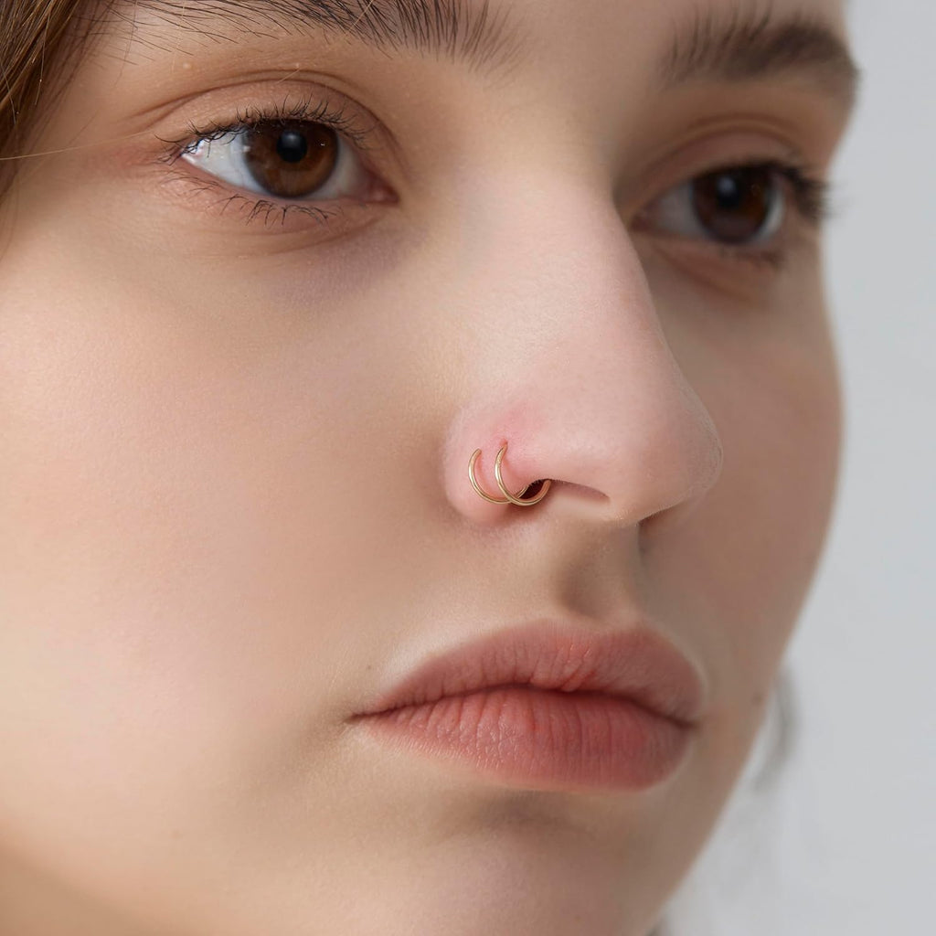 Double Hoop Nose Ring for Single Piercing,14K Gold Filled/Sterling Silver/Rose Gold Nose Ring for Women,20g / 22g Spiral Twist Nose Ring,6mm/7mm/8mm - QIAO CrystalQIAO CrystalQIAO Crystal