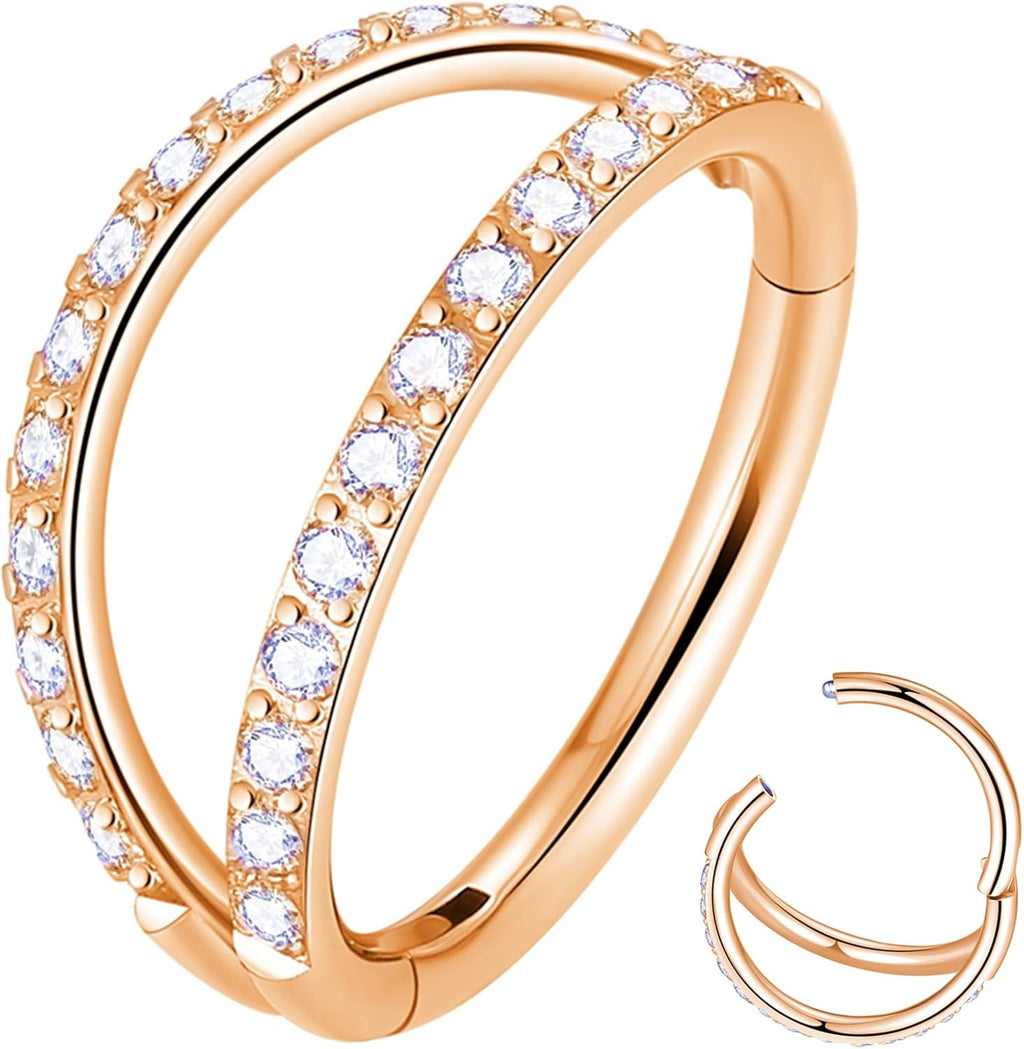 Double Open Stack CZ Nose Ring Hoop 316L Surgical Steel Helix Rook Conch Cartilage Daith Tragus Earrings Hinged Segment Nostril Piercing Septum Clicker 20G 18G 16G Lip Ring - QIAO CrystalQIAO CrystalQIAO Crystal