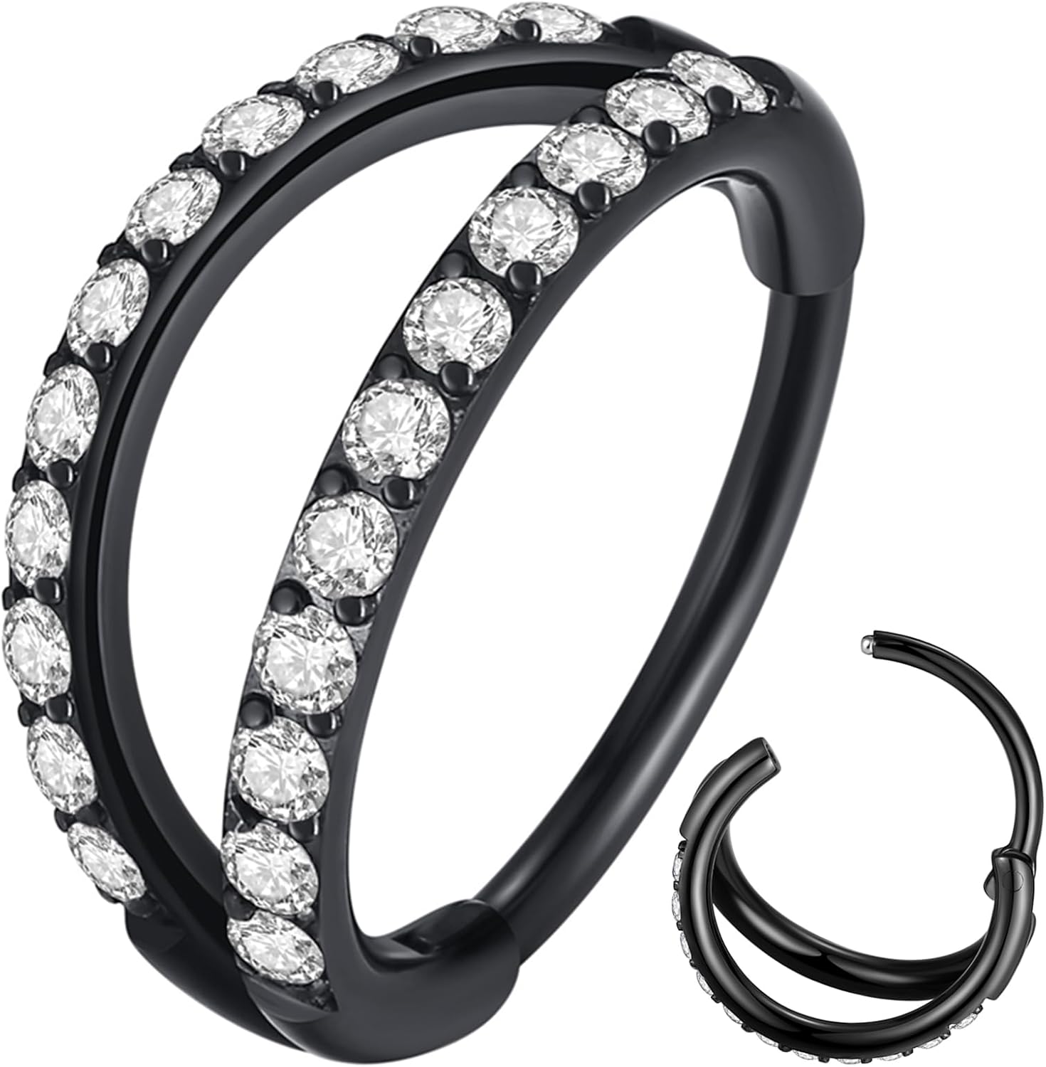 Double Open Stack CZ Nose Ring Hoop 316L Surgical Steel Helix Rook Conch Cartilage Daith Tragus Earrings Hinged Segment Nostril Piercing Septum Clicker 20G 18G 16G Lip Ring - QIAO CrystalQIAO CrystalQIAO Crystal