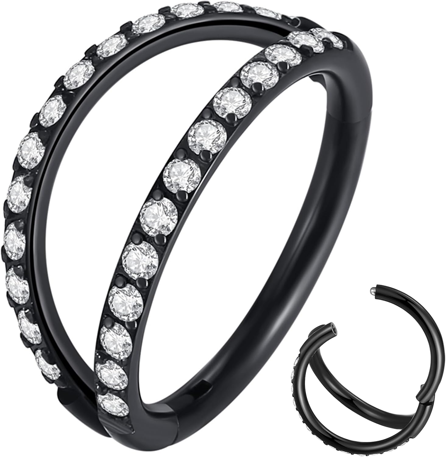 Double Open Stack CZ Nose Ring Hoop 316L Surgical Steel Helix Rook Conch Cartilage Daith Tragus Earrings Hinged Segment Nostril Piercing Septum Clicker 20G 18G 16G Lip Ring - QIAO CrystalQIAO CrystalQIAO Crystal