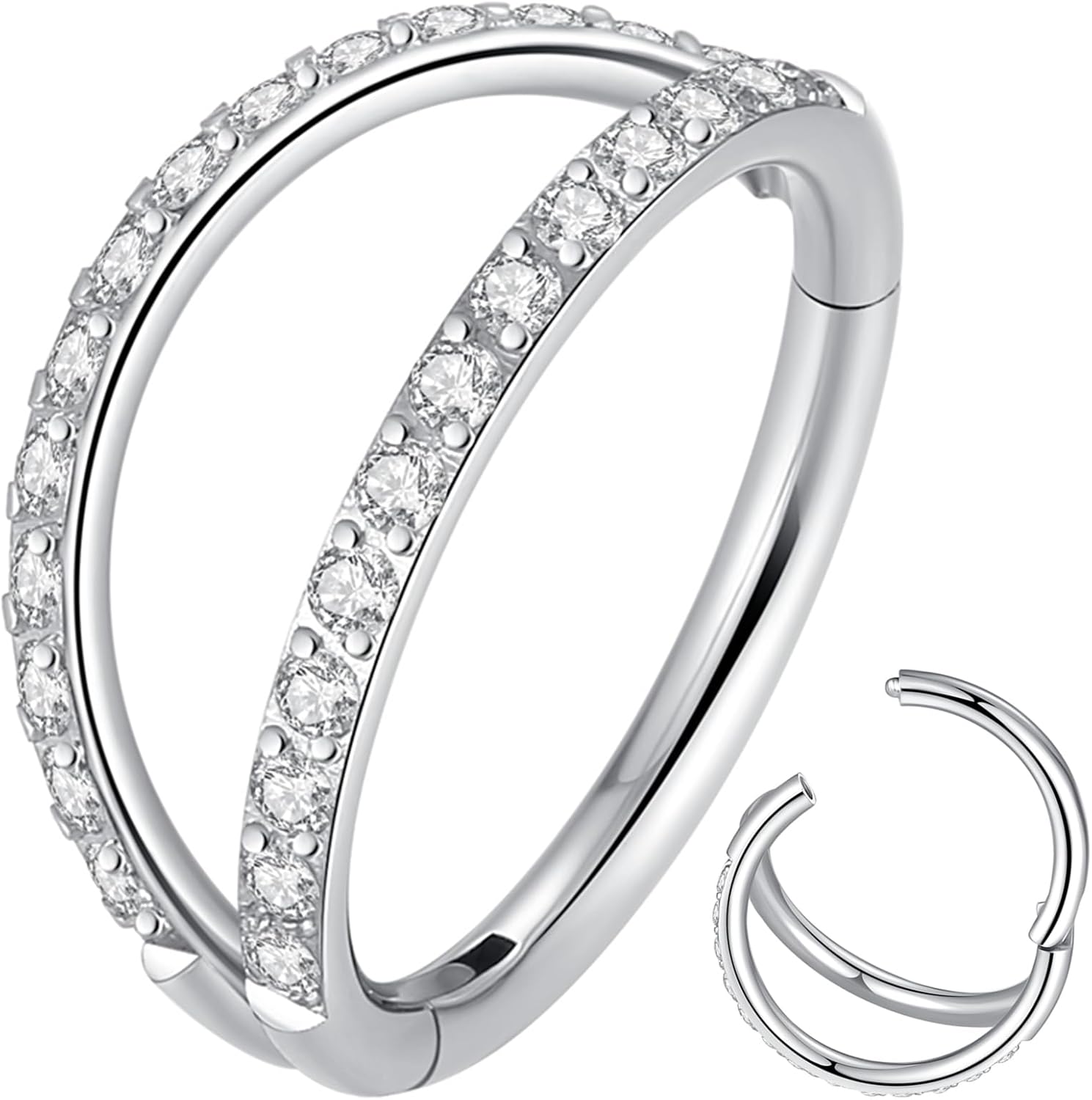 Double Open Stack CZ Nose Ring Hoop 316L Surgical Steel Helix Rook Conch Cartilage Daith Tragus Earrings Hinged Segment Nostril Piercing Septum Clicker 20G 18G 16G Lip Ring - QIAO CrystalQIAO CrystalQIAO Crystal