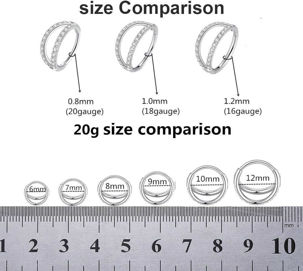 Double Open Stack CZ Nose Ring Hoop 316L Surgical Steel Helix Rook Conch Cartilage Daith Tragus Earrings Hinged Segment Nostril Piercing Septum Clicker 20G 18G 16G Lip Ring - QIAO CrystalQIAO CrystalQIAO Crystal