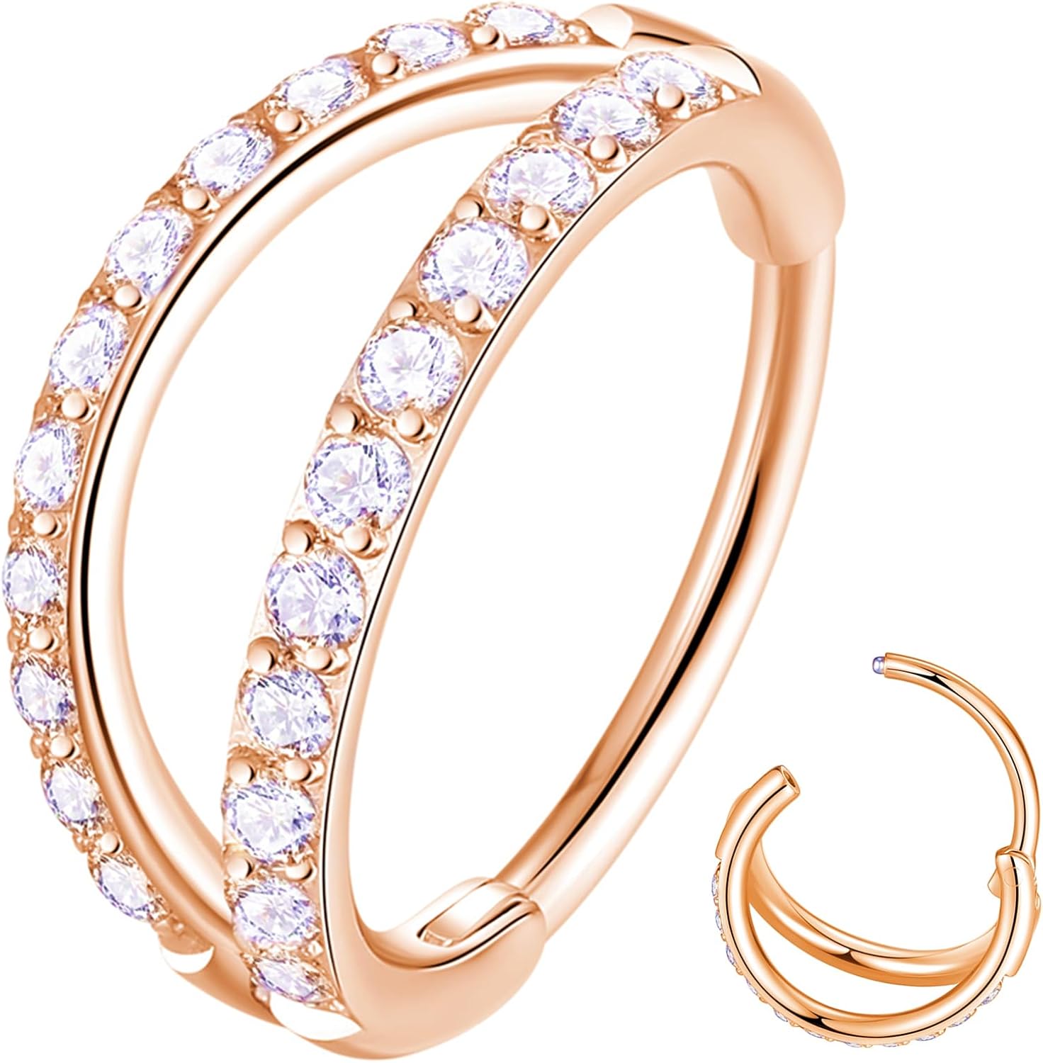 Double Open Stack CZ Nose Ring Hoop 316L Surgical Steel Helix Rook Conch Cartilage Daith Tragus Earrings Hinged Segment Nostril Piercing Septum Clicker 20G 18G 16G Lip Ring - QIAO CrystalQIAO CrystalQIAO Crystal