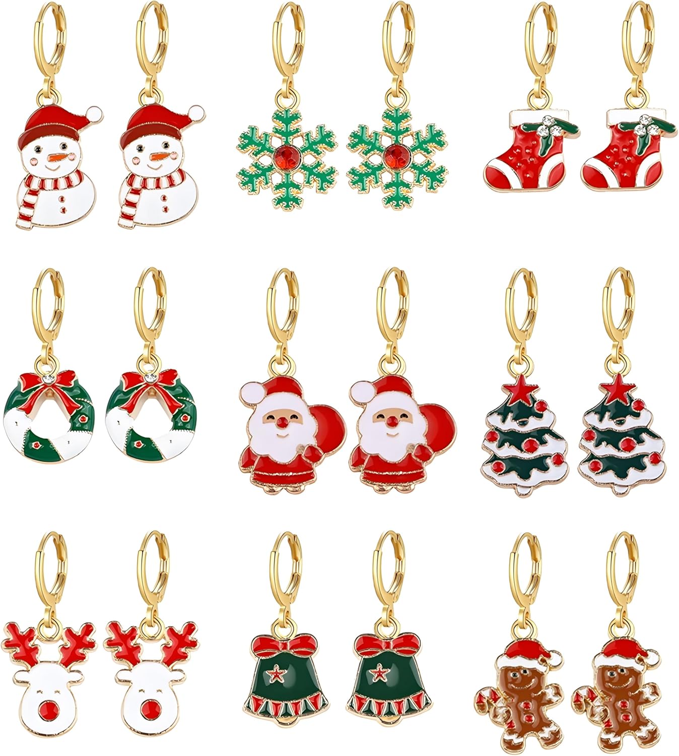 Dreuyet 9 Pairs Christmas Hoop Earrings for Women Cute Christmas Trees Bells Santa Claus Snowflakes Stocking Huggie Earrings Holiday Earrings Hoops Xmas Party Jewelry Gift - 我的商店我的商店我的商店