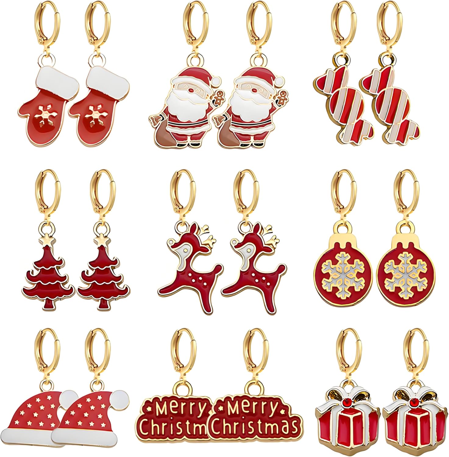 Dreuyet 9 Pairs Christmas Hoop Earrings for Women Cute Christmas Trees Bells Santa Claus Snowflakes Stocking Huggie Earrings Holiday Earrings Hoops Xmas Party Jewelry Gift - 我的商店我的商店我的商店