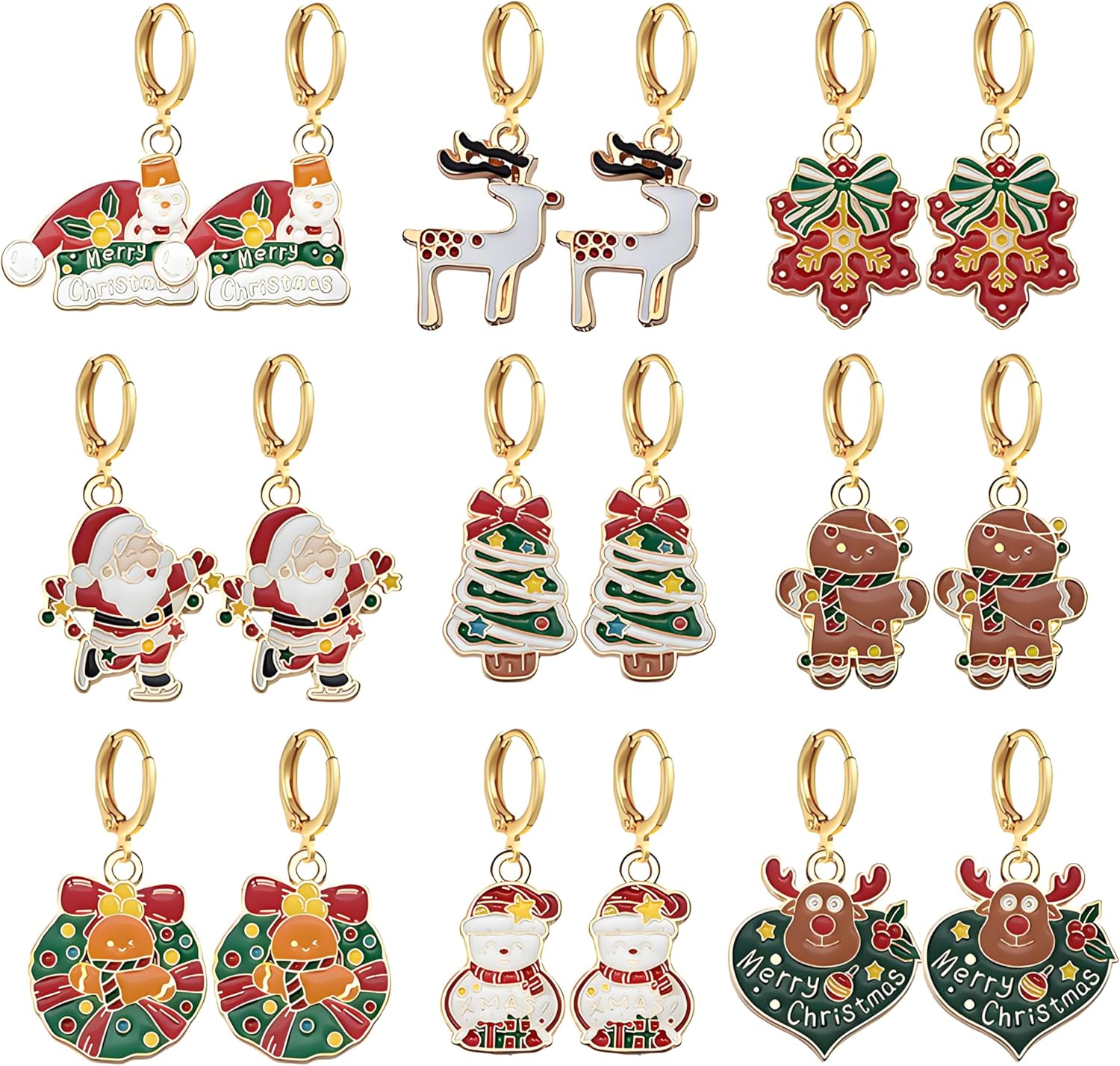 Dreuyet 9 Pairs Christmas Hoop Earrings for Women Cute Christmas Trees Bells Santa Claus Snowflakes Stocking Huggie Earrings Holiday Earrings Hoops Xmas Party Jewelry Gift - 我的商店我的商店我的商店