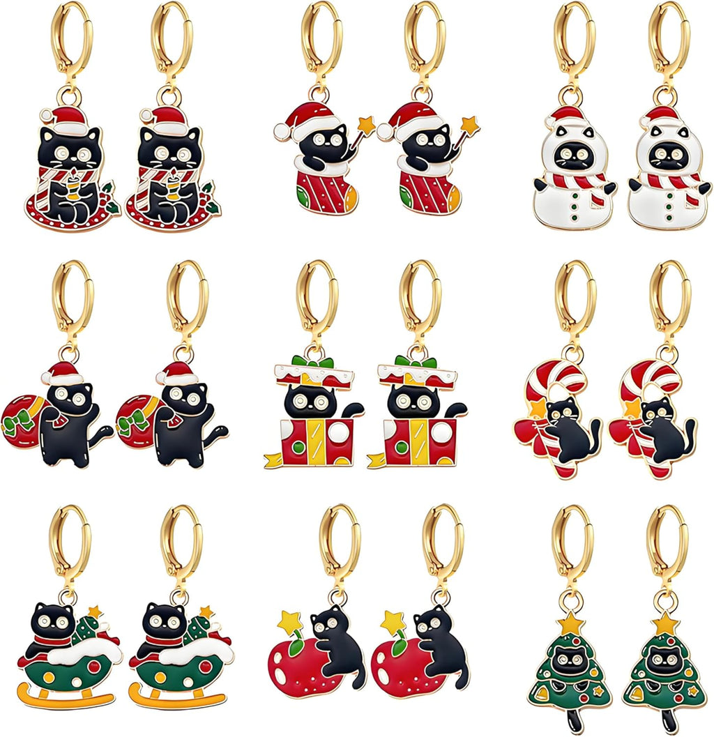 Dreuyet 9 Pairs Christmas Hoop Earrings for Women Cute Christmas Trees Bells Santa Claus Snowflakes Stocking Huggie Earrings Holiday Earrings Hoops Xmas Party Jewelry Gift - 我的商店我的商店我的商店