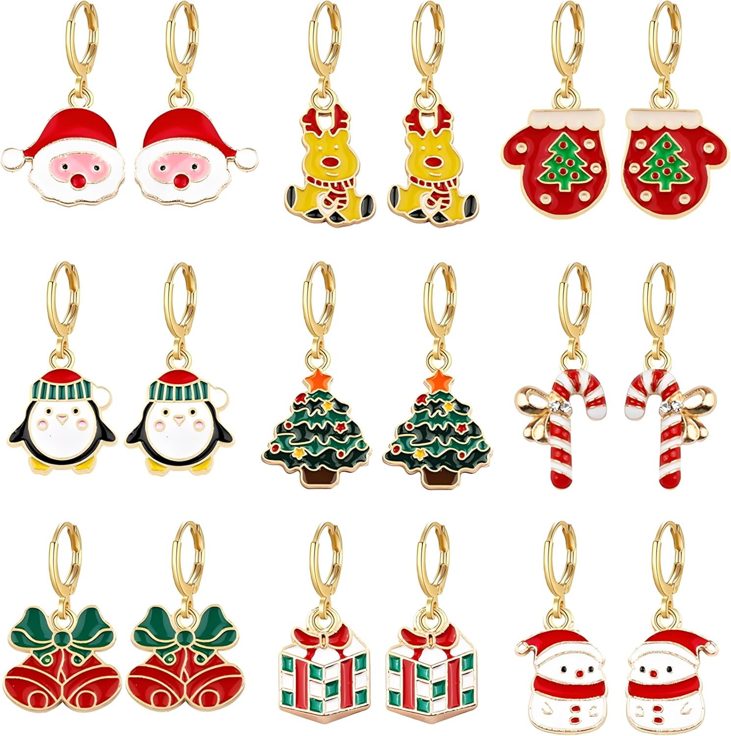 Dreuyet 9 Pairs Christmas Hoop Earrings for Women Cute Christmas Trees Bells Santa Claus Snowflakes Stocking Huggie Earrings Holiday Earrings Hoops Xmas Party Jewelry Gift - 我的商店我的商店我的商店