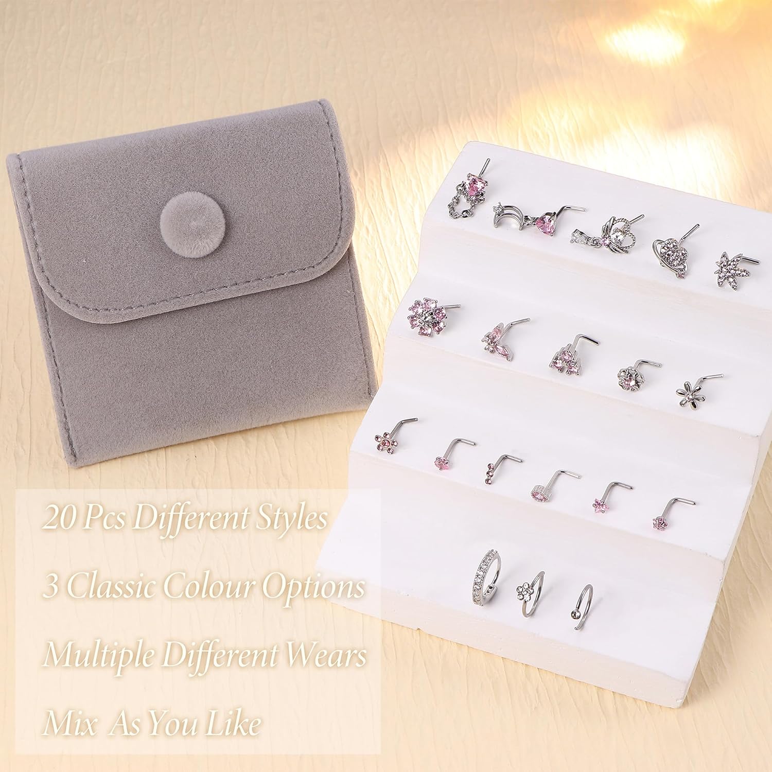 Drperfect Nose Rings L Shaped Nose Studs Ring Hypoallergenic Stainless Steel Nose Ring - Dangle CZ Butterfly Flower Nose Studs Hoops Piercings Jewelry Gift for Women Men 20G Pink/Blue/Clear - QIAO CrystalQIAO CrystalQIAO Crystal