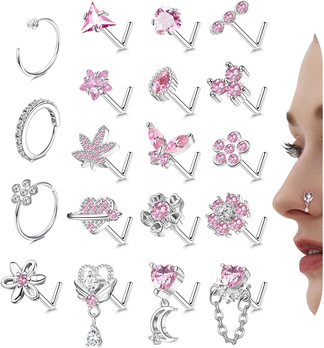 Drperfect Nose Rings L Shaped Nose Studs Ring Hypoallergenic Stainless Steel Nose Ring - Dangle CZ Butterfly Flower Nose Studs Hoops Piercings Jewelry Gift for Women Men 20G Pink/Blue/Clear - QIAO CrystalQIAO CrystalQIAO Crystal