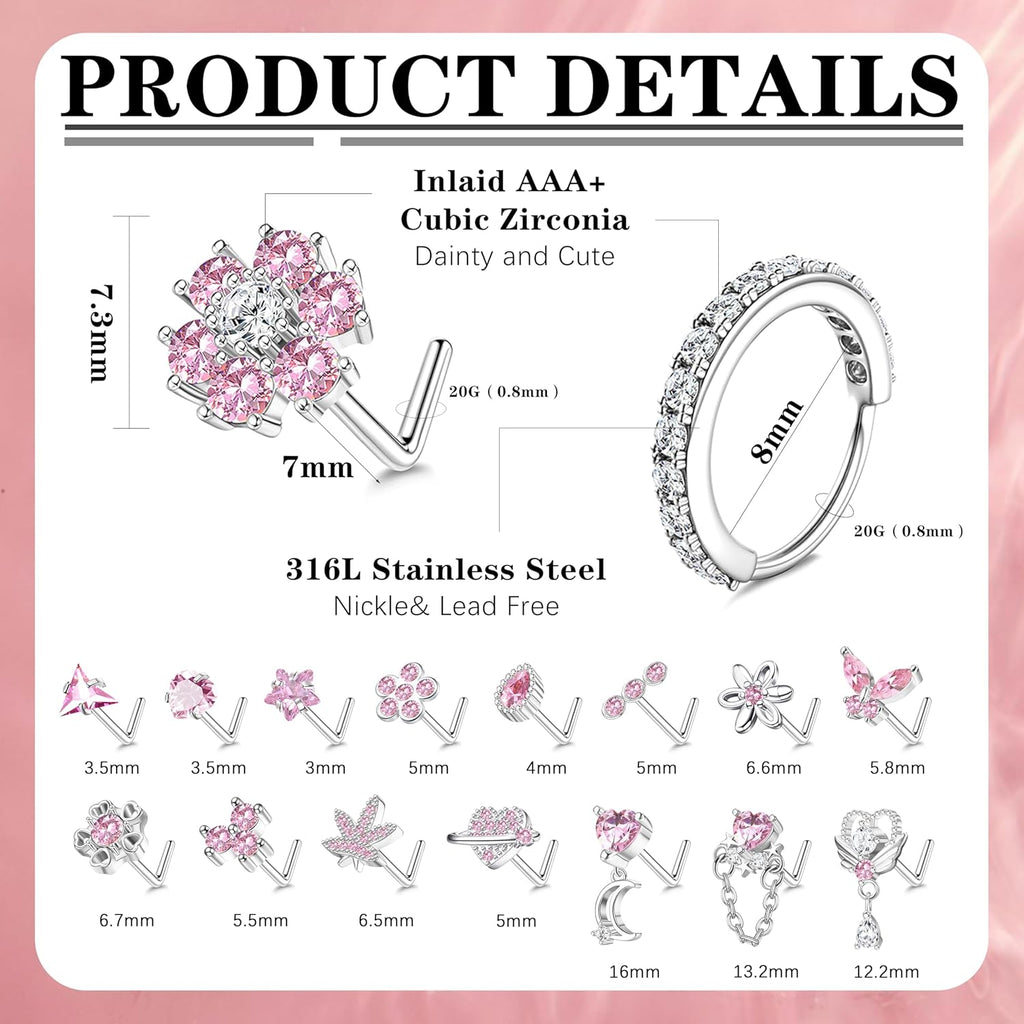 Drperfect Nose Rings L Shaped Nose Studs Ring Hypoallergenic Stainless Steel Nose Ring - Dangle CZ Butterfly Flower Nose Studs Hoops Piercings Jewelry Gift for Women Men 20G Pink/Blue/Clear - QIAO CrystalQIAO CrystalQIAO Crystal
